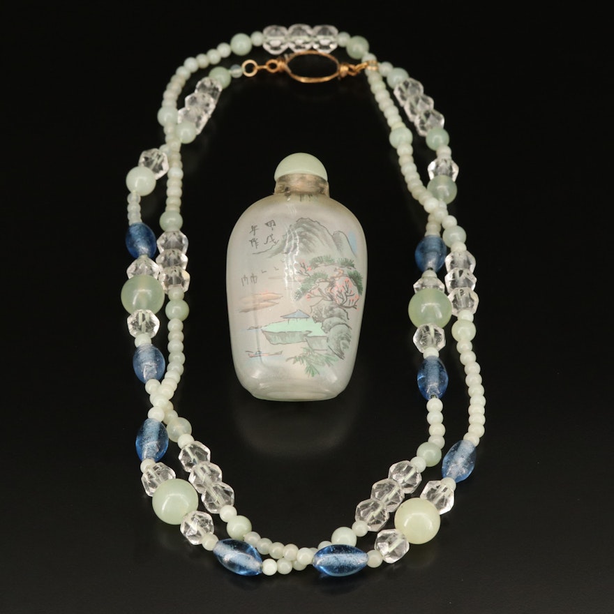 Chinese Reverse Painted Snuff Bottle with Chalcedony and Glass Bead Necklace