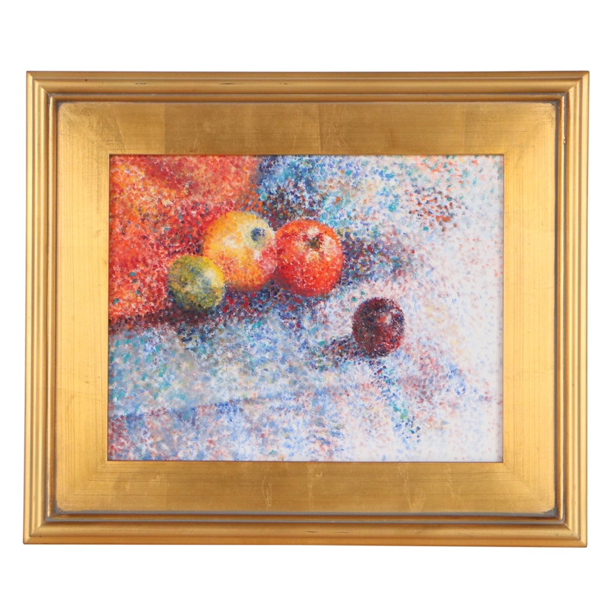 Still Life Pointillism Style Oil Painting of Fruit, Late 20th Century