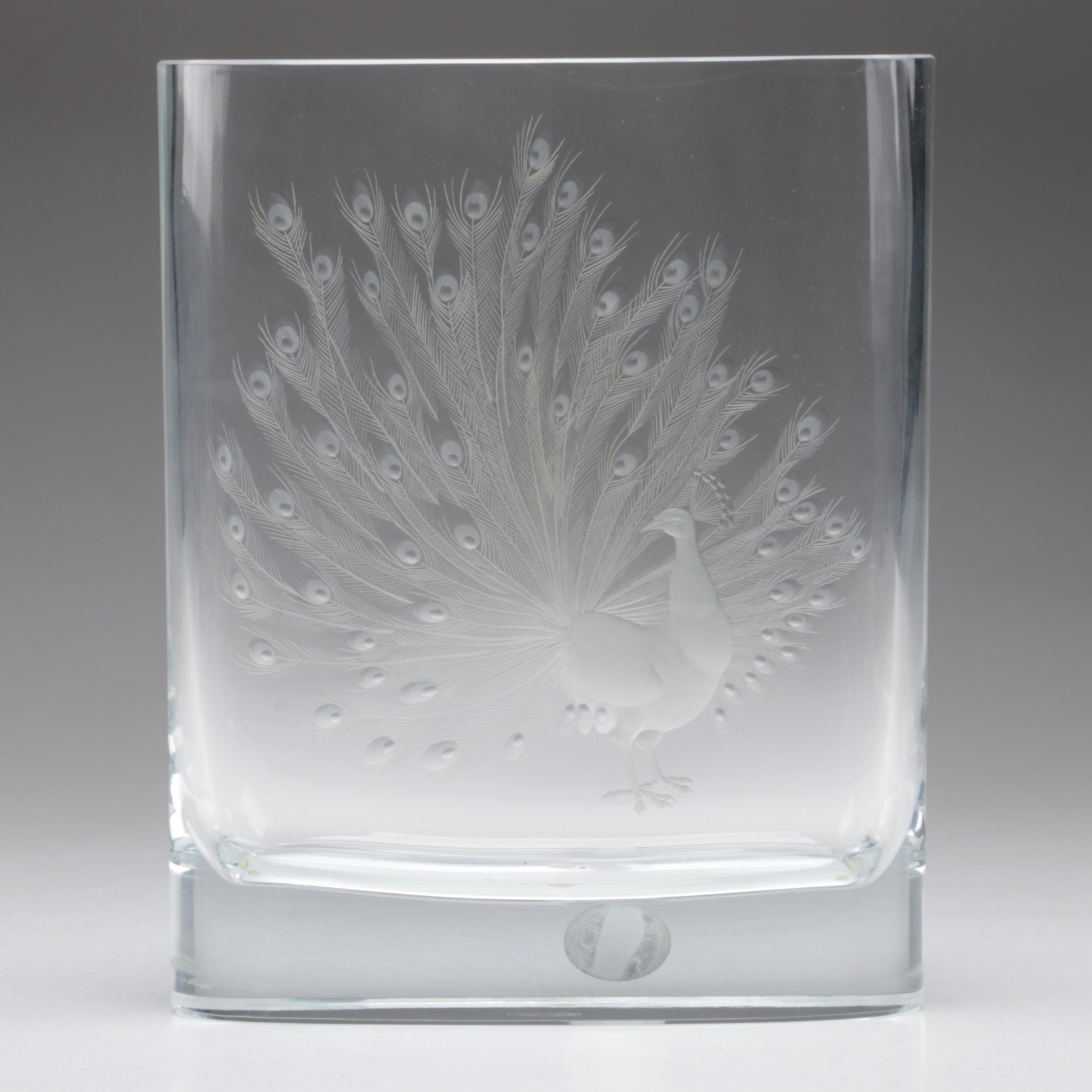 Vladimír Skála for Moser Peacock Engraved Bohemian Czech Crystal Vase, 1990