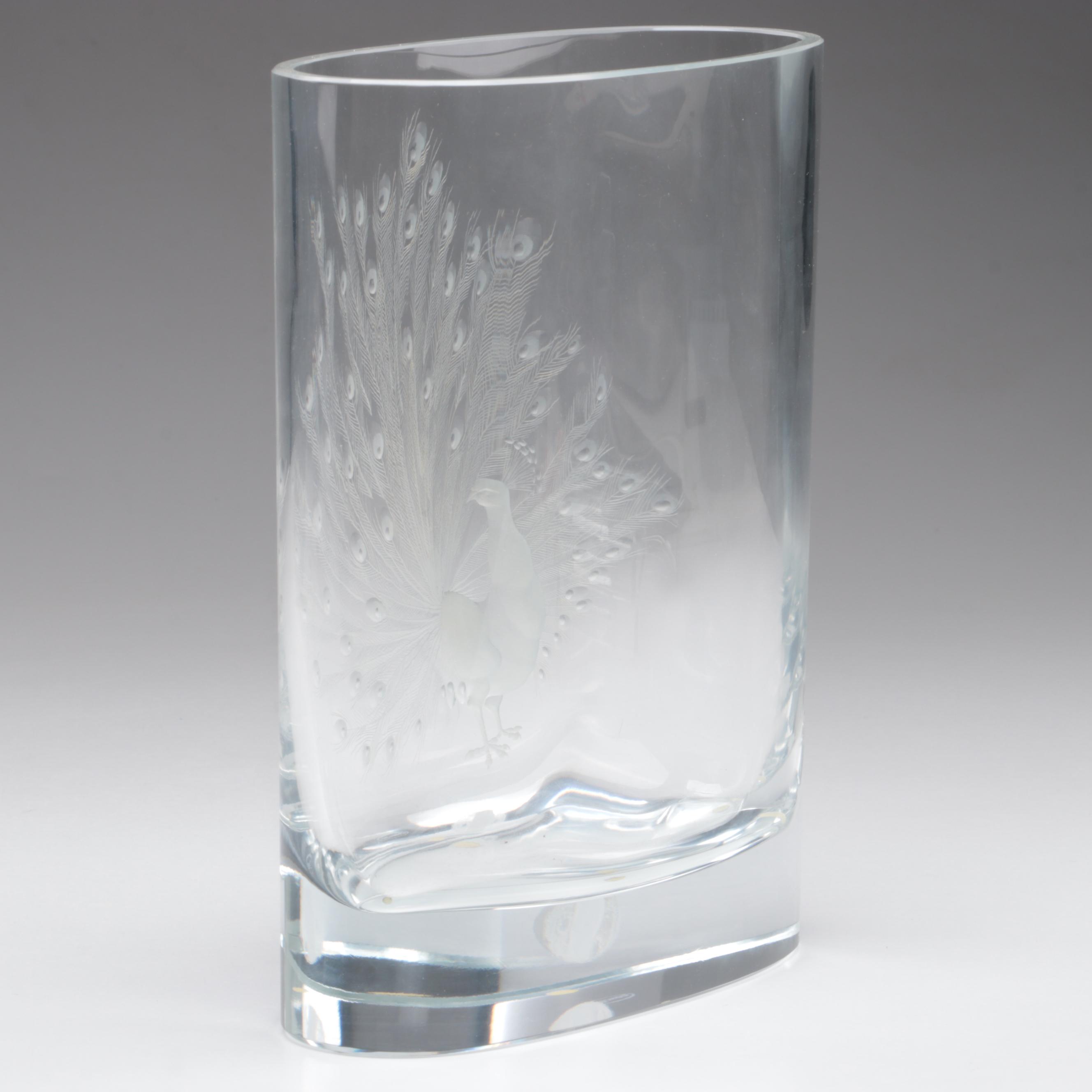 Vladimír Skála for Moser Peacock Engraved Bohemian Czech Crystal Vase, 1990