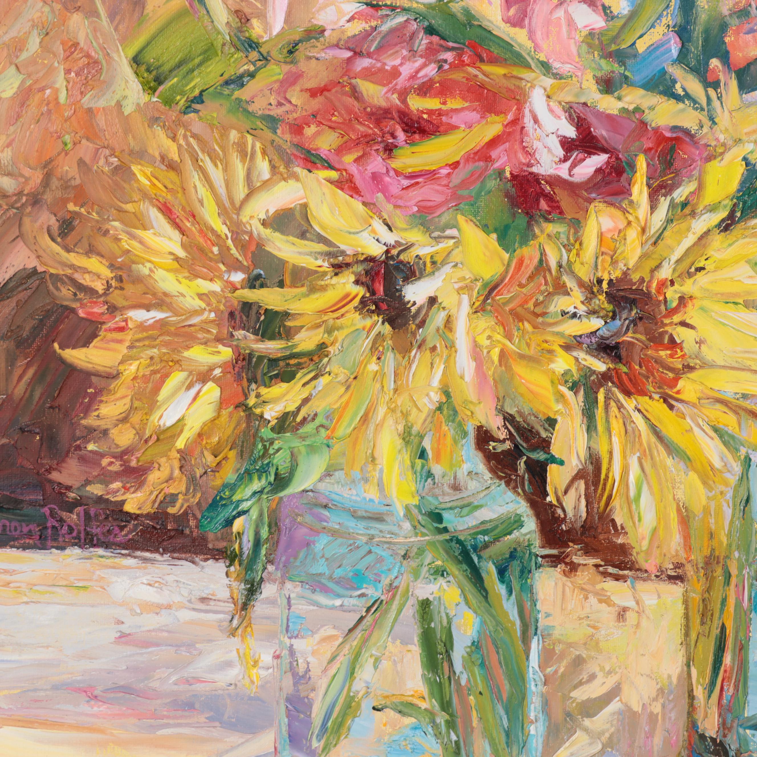Karen Rolfes Impasto Oil Painting of Floral Still Life, Late 20th Century