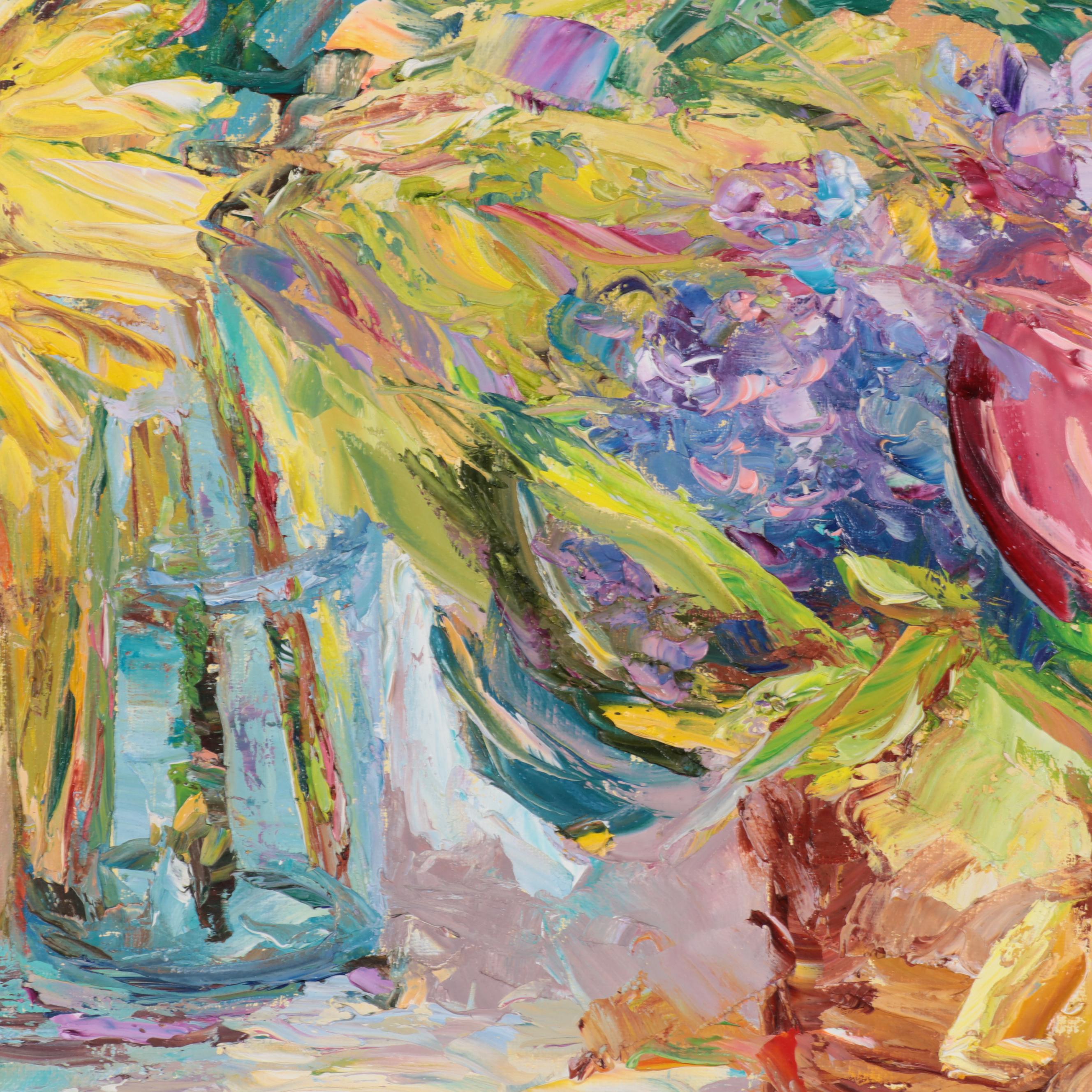 Karen Rolfes Impasto Oil Painting of Floral Still Life, Late 20th Century