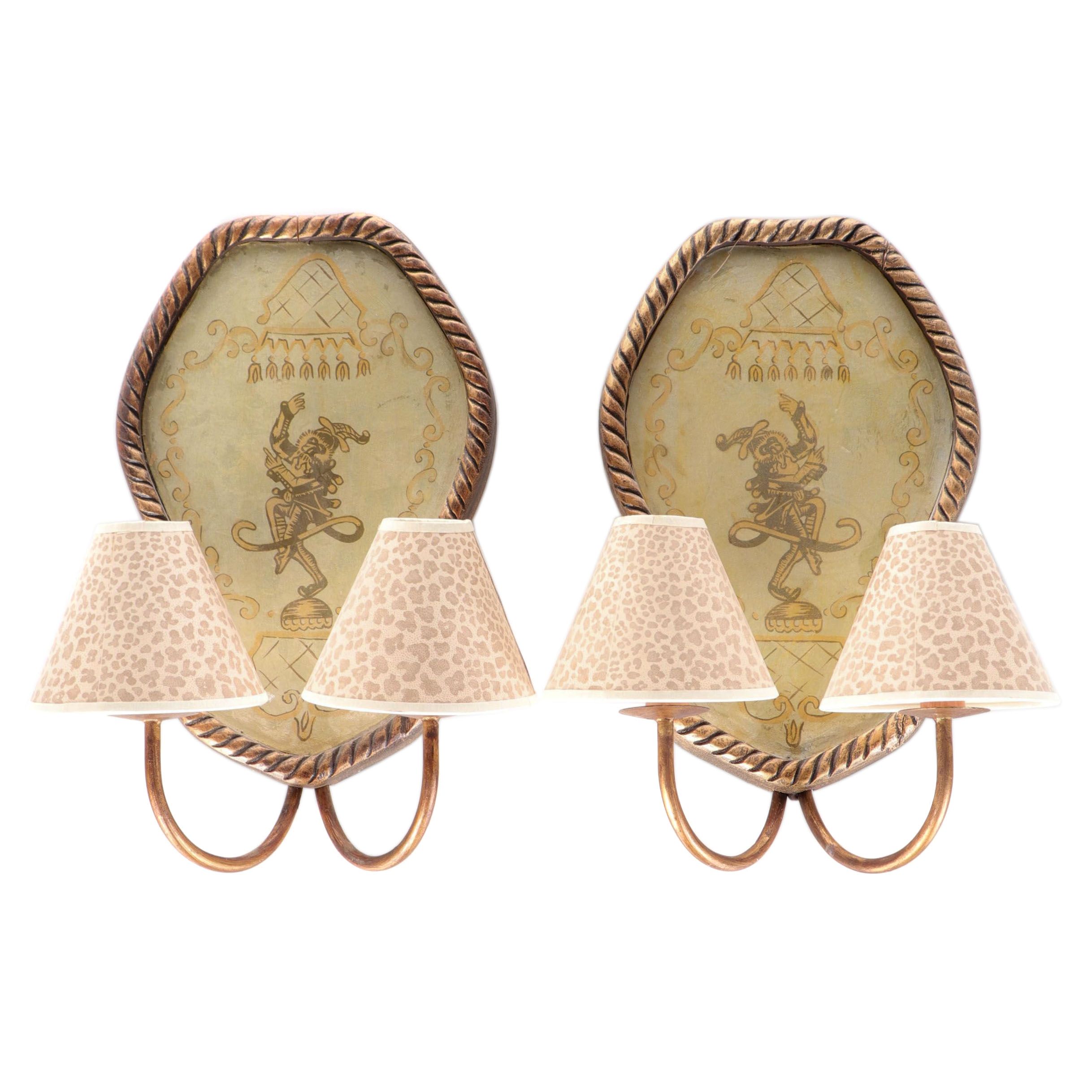 Harlequin Monkey Two-Arm Wall Sconces With Leopard Print Shades