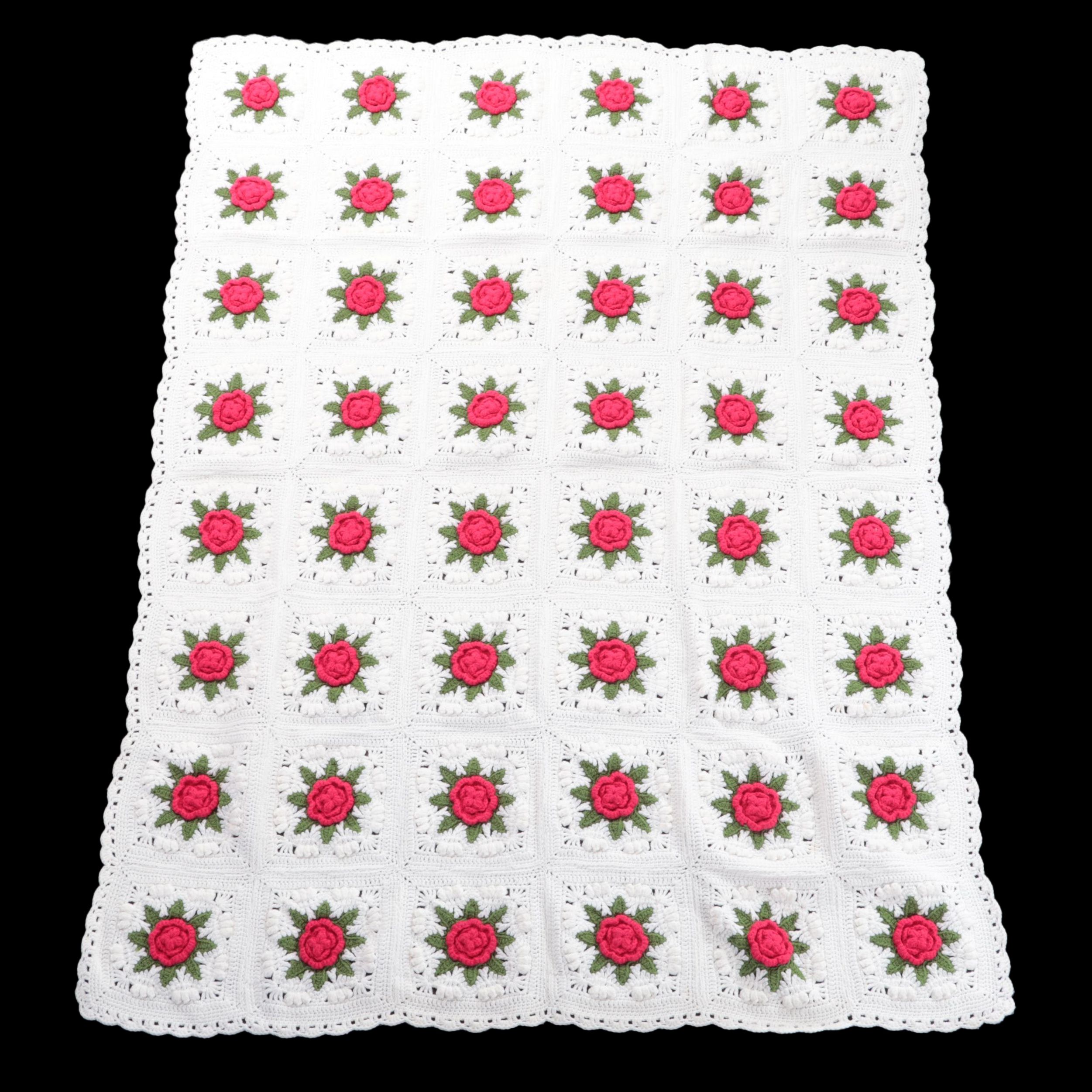 Hand Crocheted Rose Granny Square Afghan