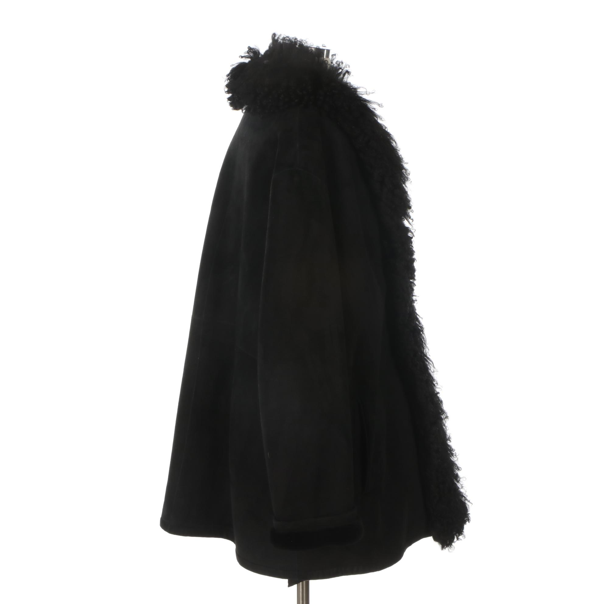Yves Saint Laurent Fourrures Black Shearling Coat with Tibetan Lamb Fur Trim