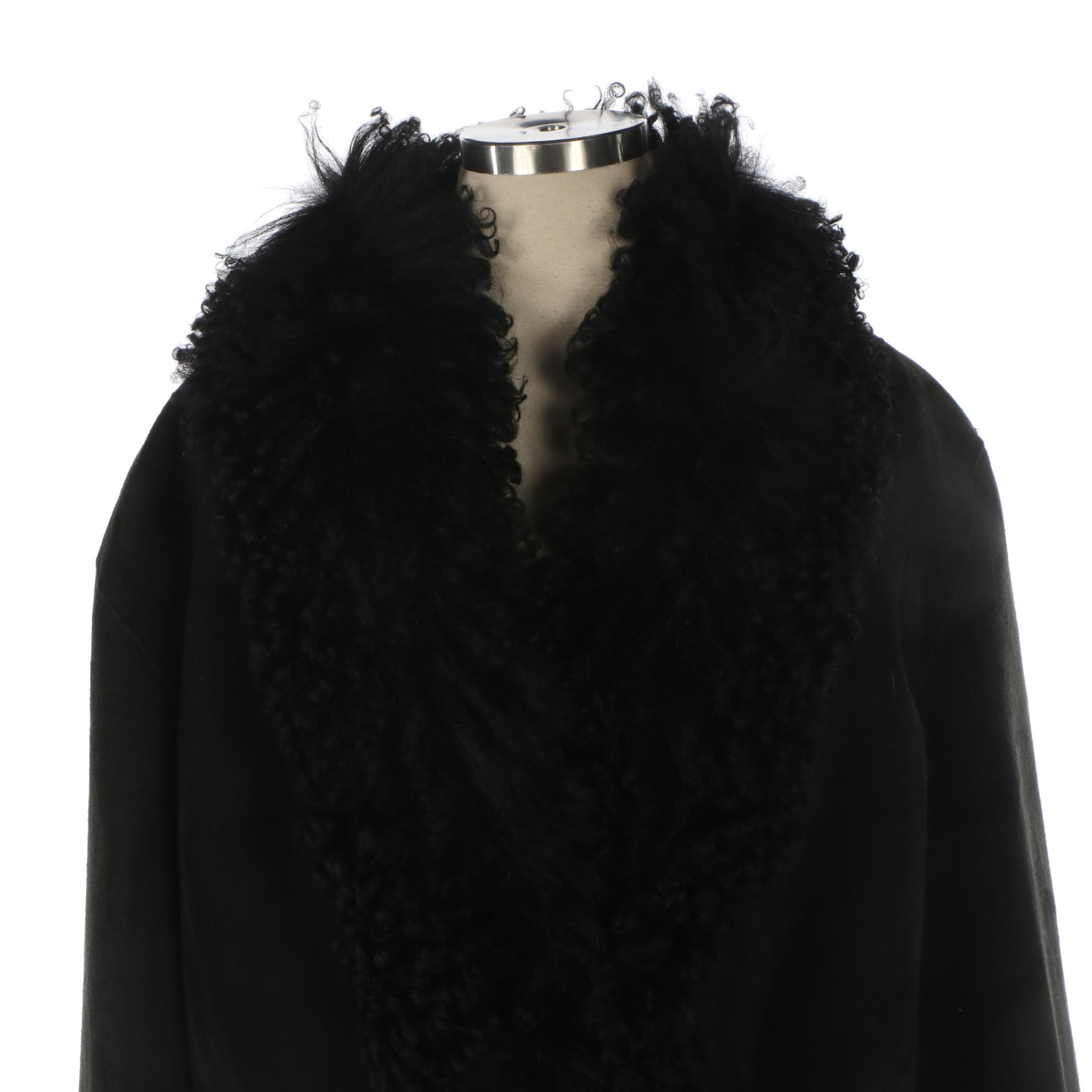 Yves Saint Laurent Fourrures Black Shearling Coat with Tibetan Lamb Fur Trim