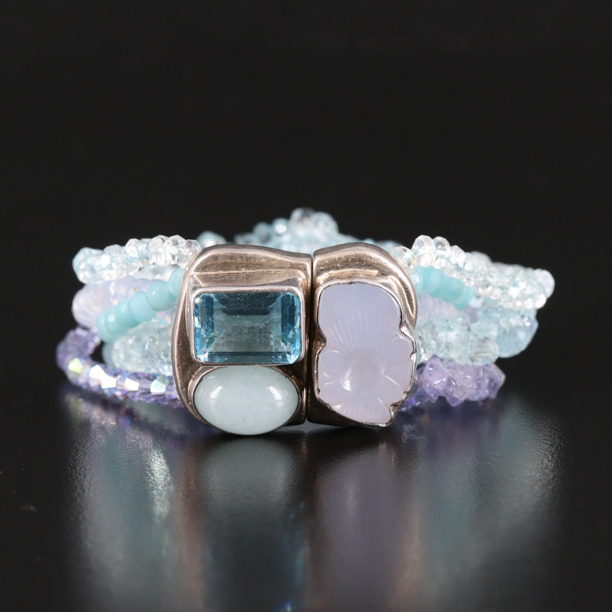 Amy Kahn Russell Sterling Topaz, Chalcedony and Tanzanite Six Strand Bracelet