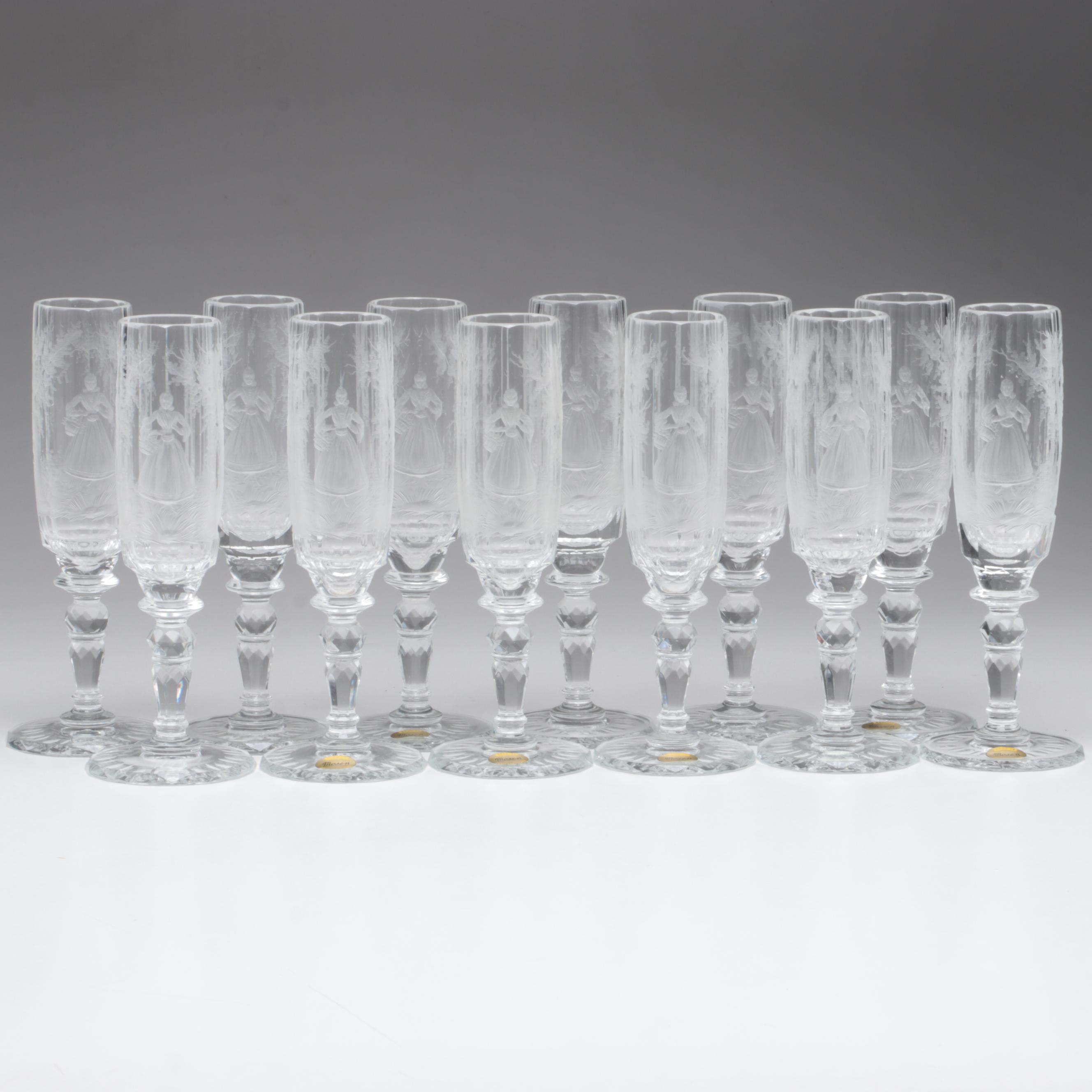 Moser "Maria Theresa" Cut and Engraved Czech Crystal Champagne Flutes