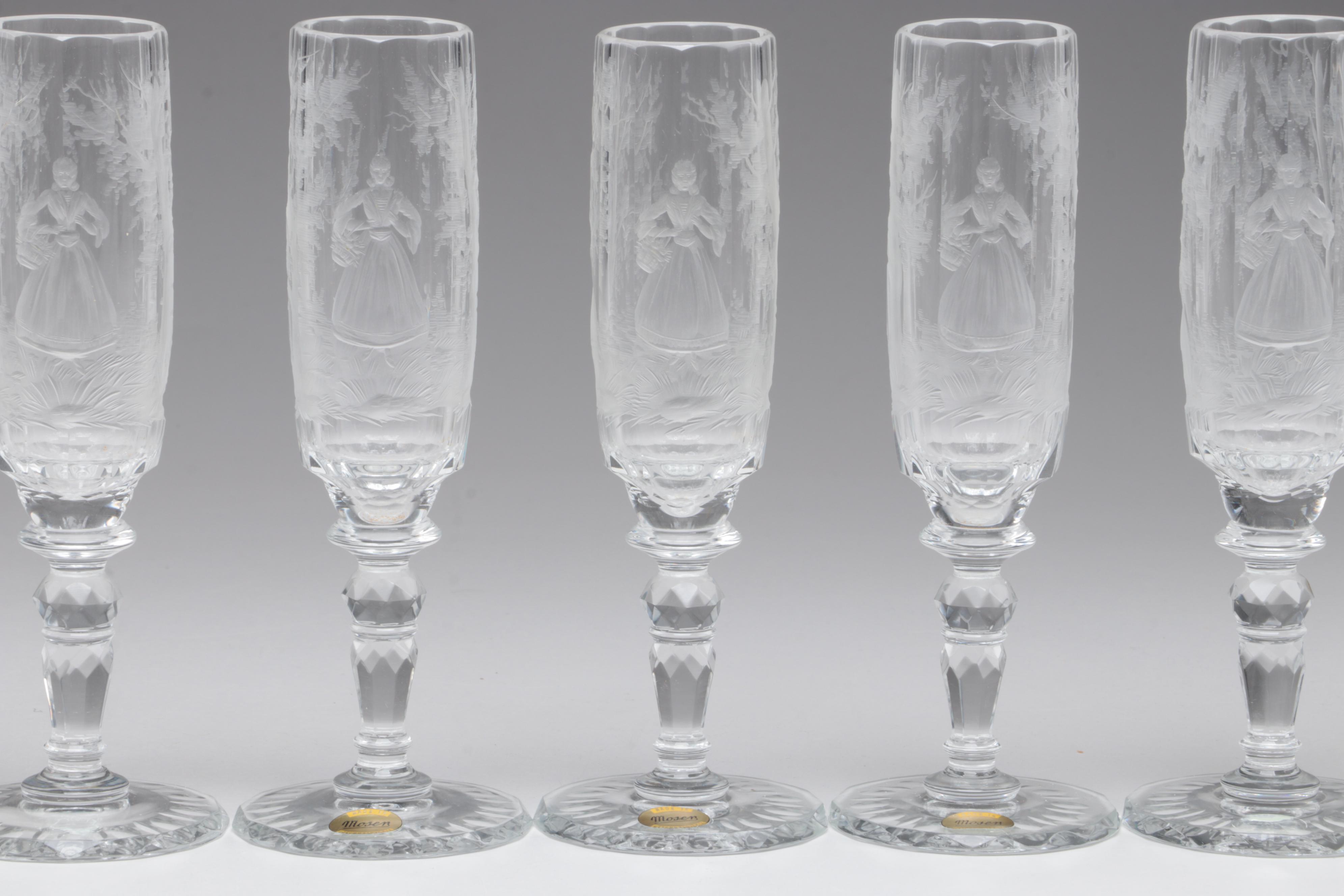 Moser "Maria Theresa" Cut and Engraved Czech Crystal Champagne Flutes