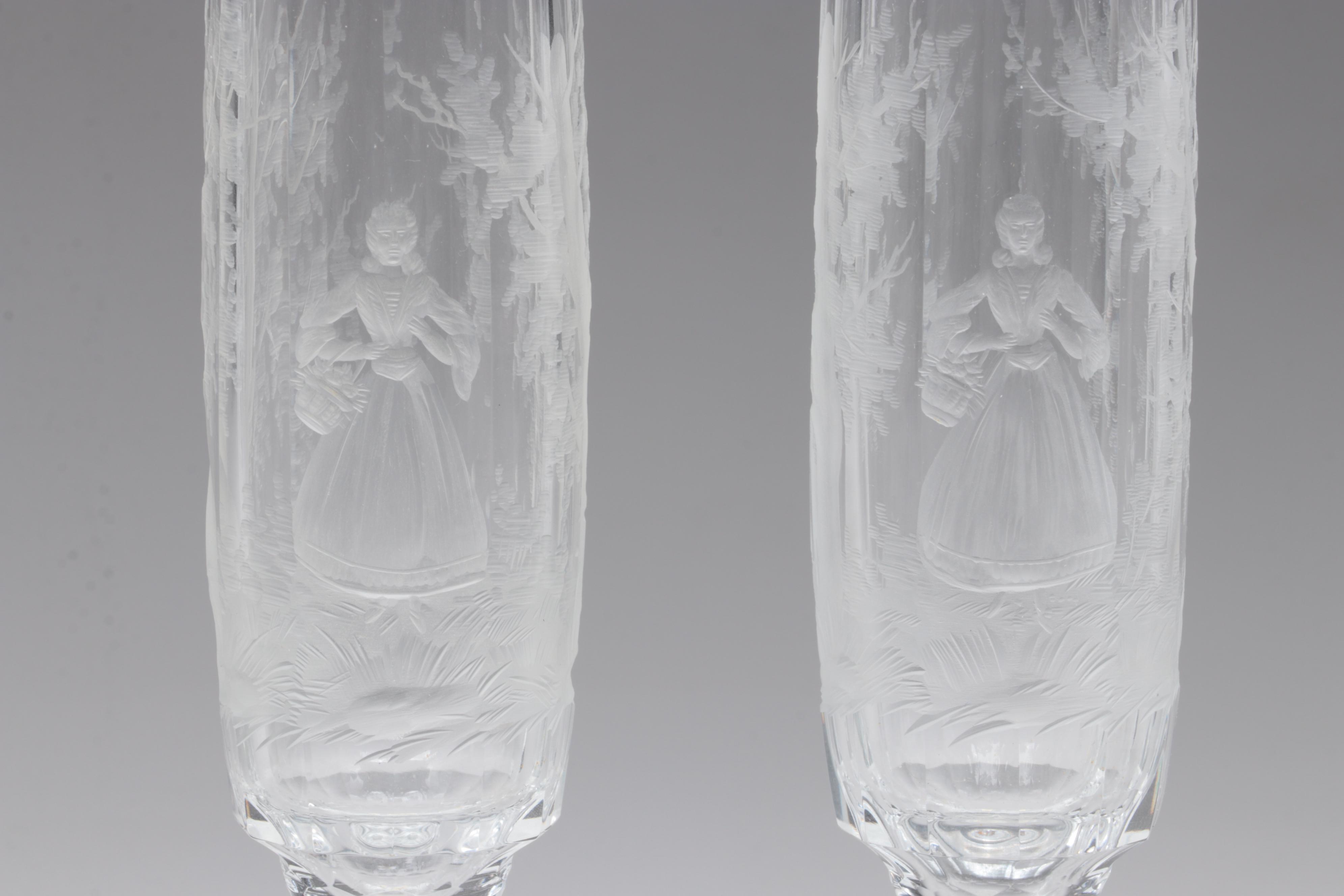 Moser "Maria Theresa" Cut and Engraved Czech Crystal Champagne Flutes