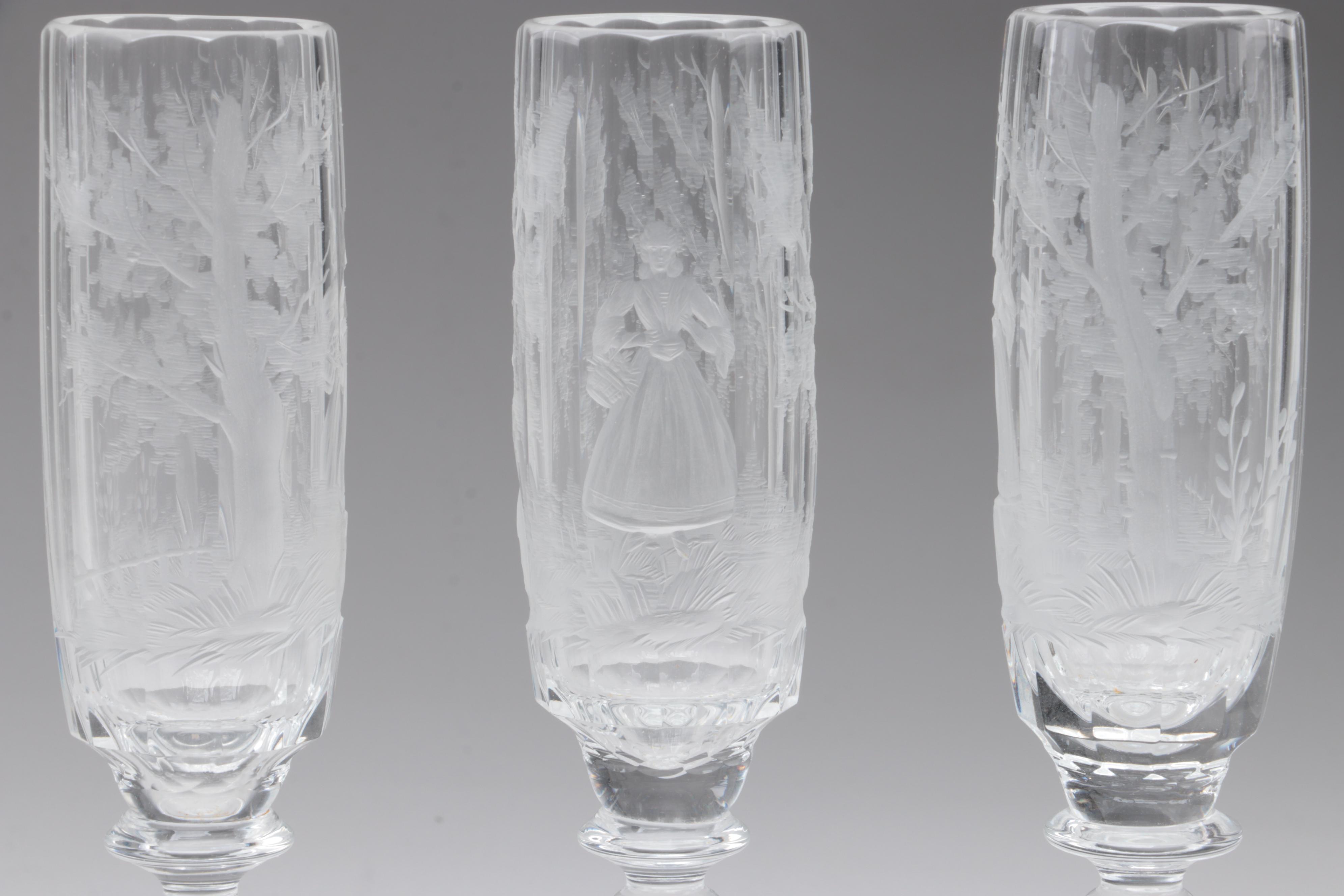 Moser "Maria Theresa" Cut and Engraved Czech Crystal Champagne Flutes
