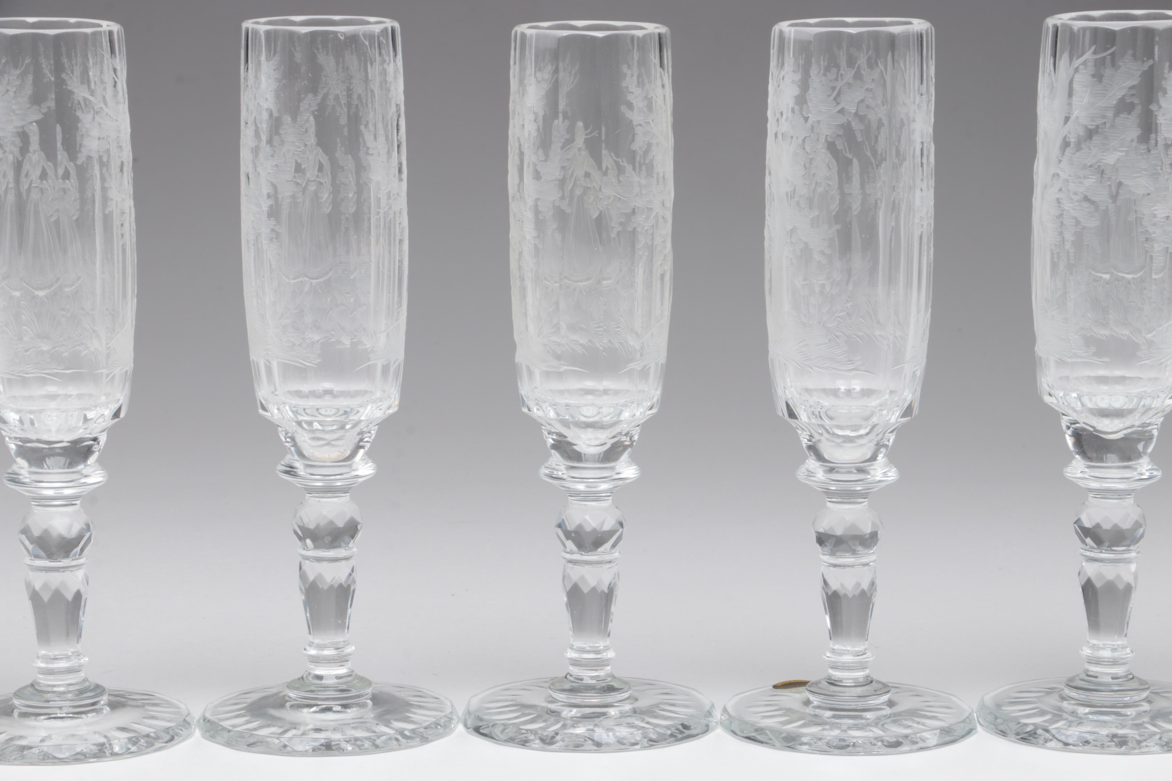 Moser "Maria Theresa" Cut and Engraved Czech Crystal Champagne Flutes