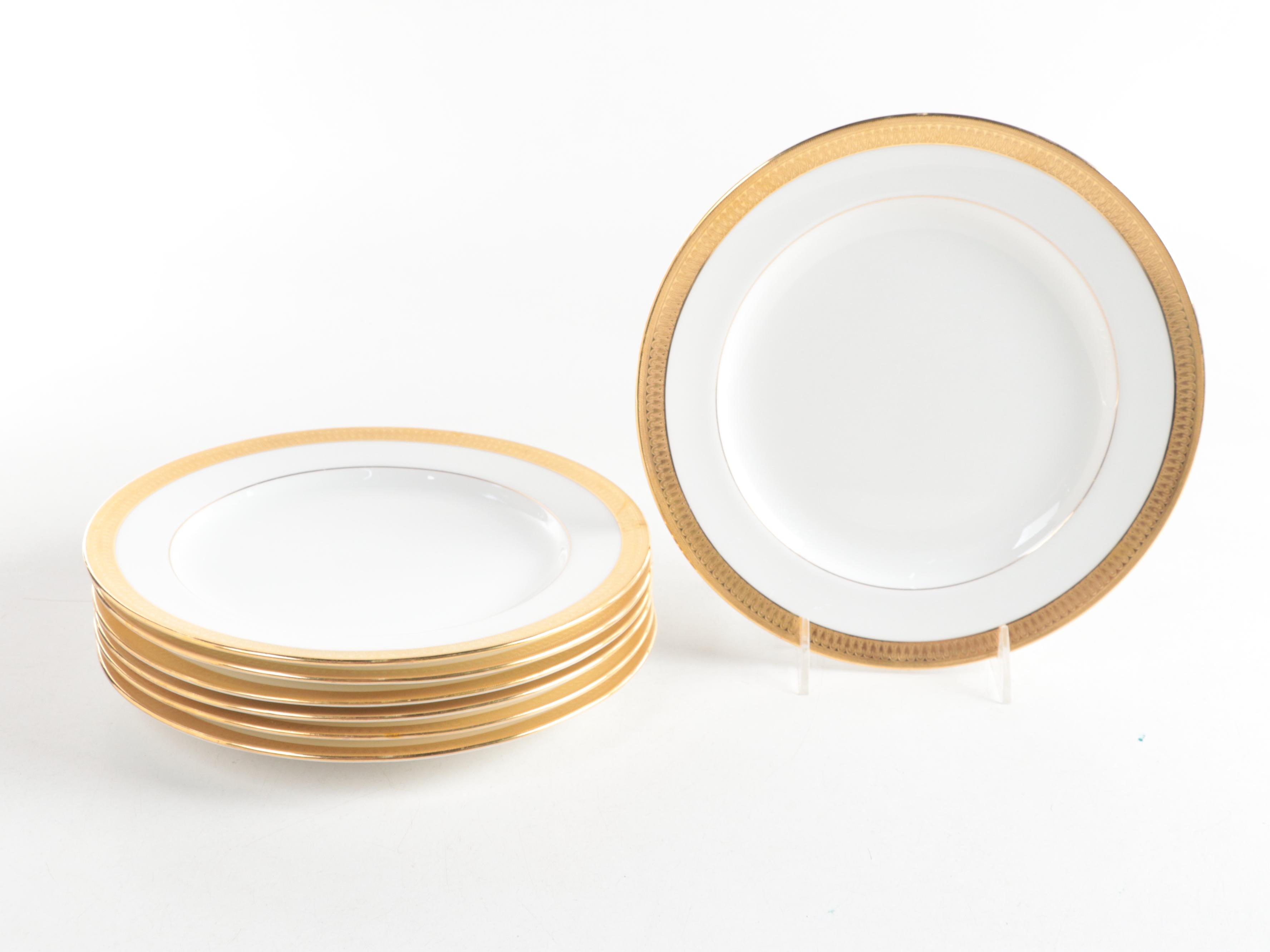 Minton Gilt Rimmed Bone China Dinner Plates with Other Egg Motif Salad Plates