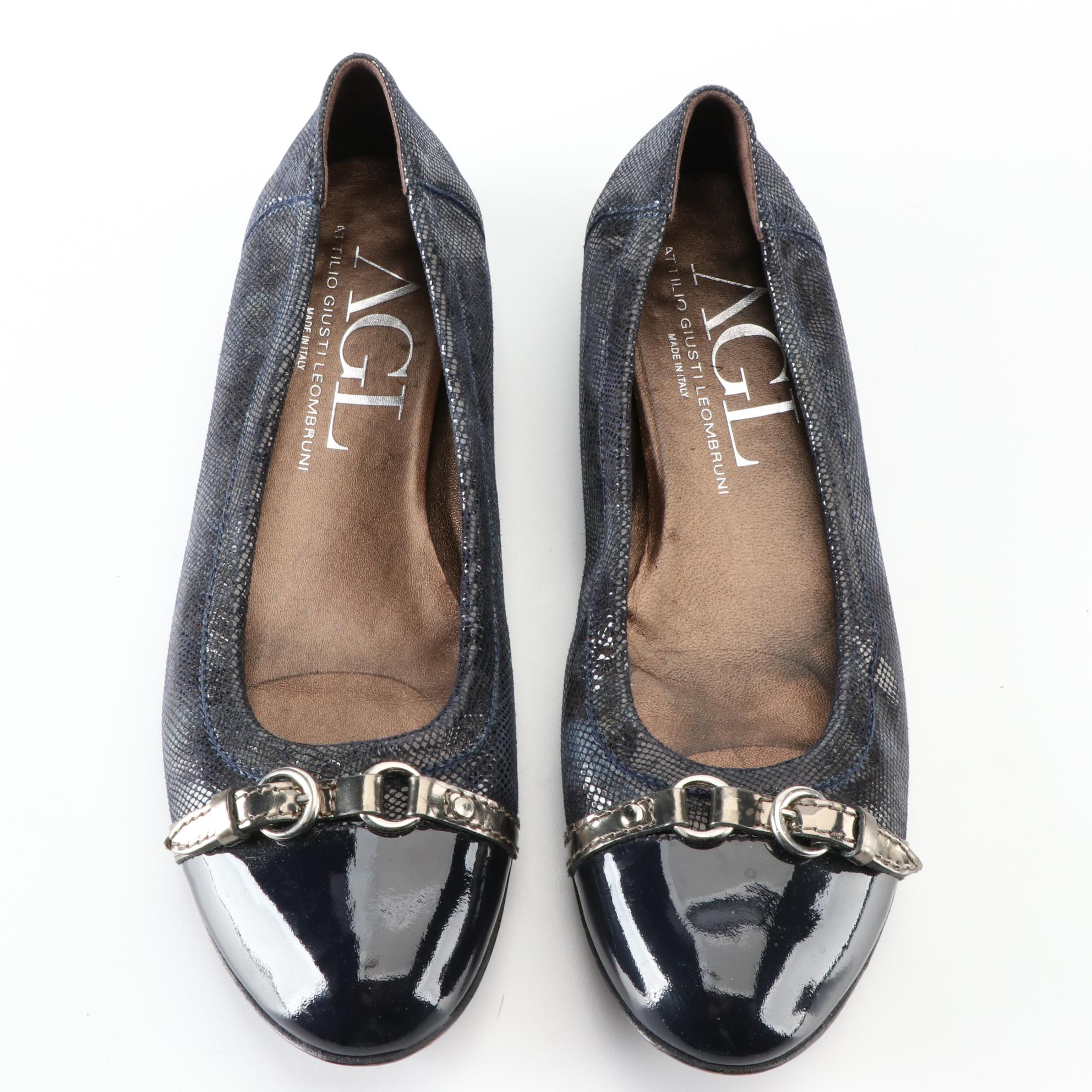 AGL Cap Toe Ballet Flats in Navy Suede and Patent Leather