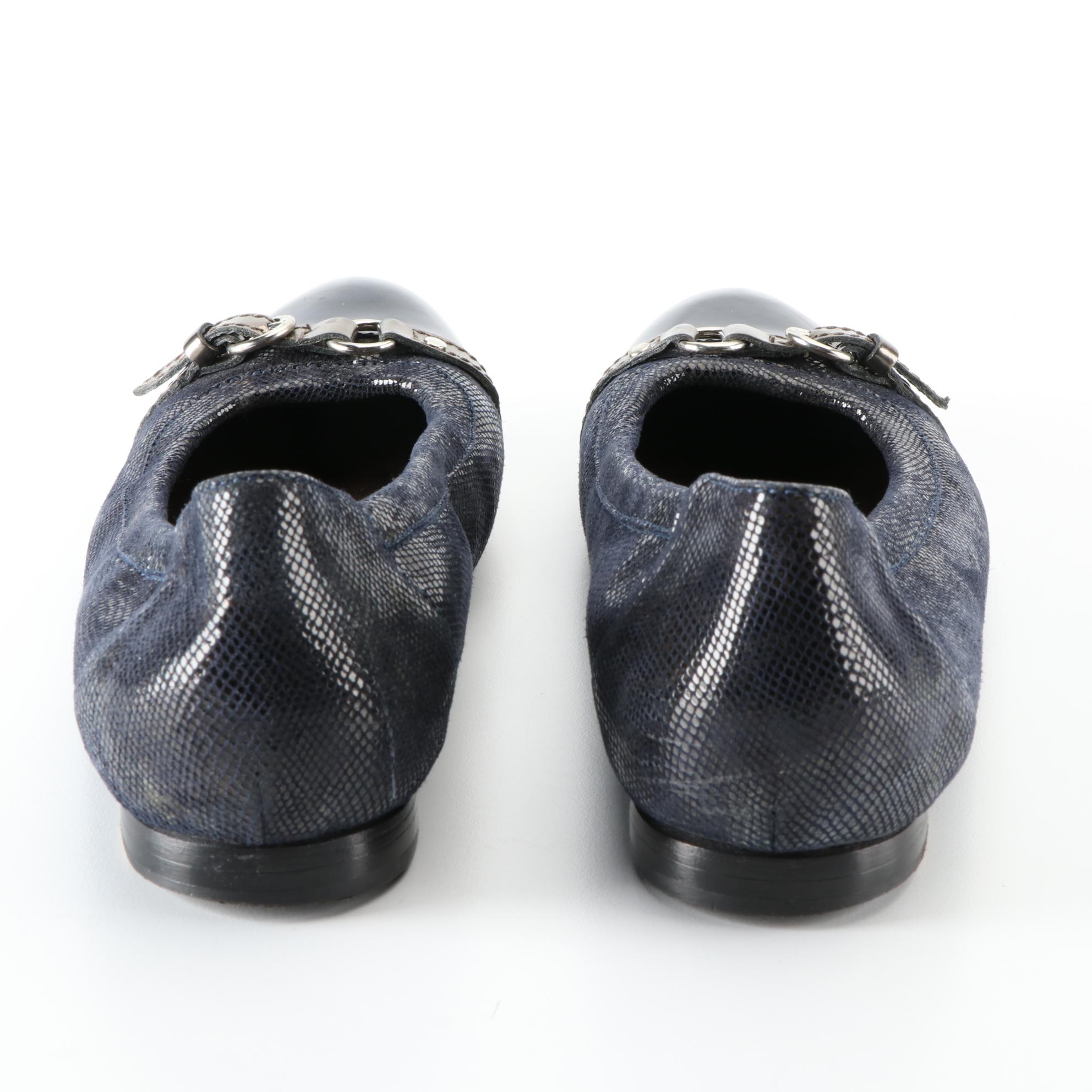 AGL Cap Toe Ballet Flats in Navy Suede and Patent Leather