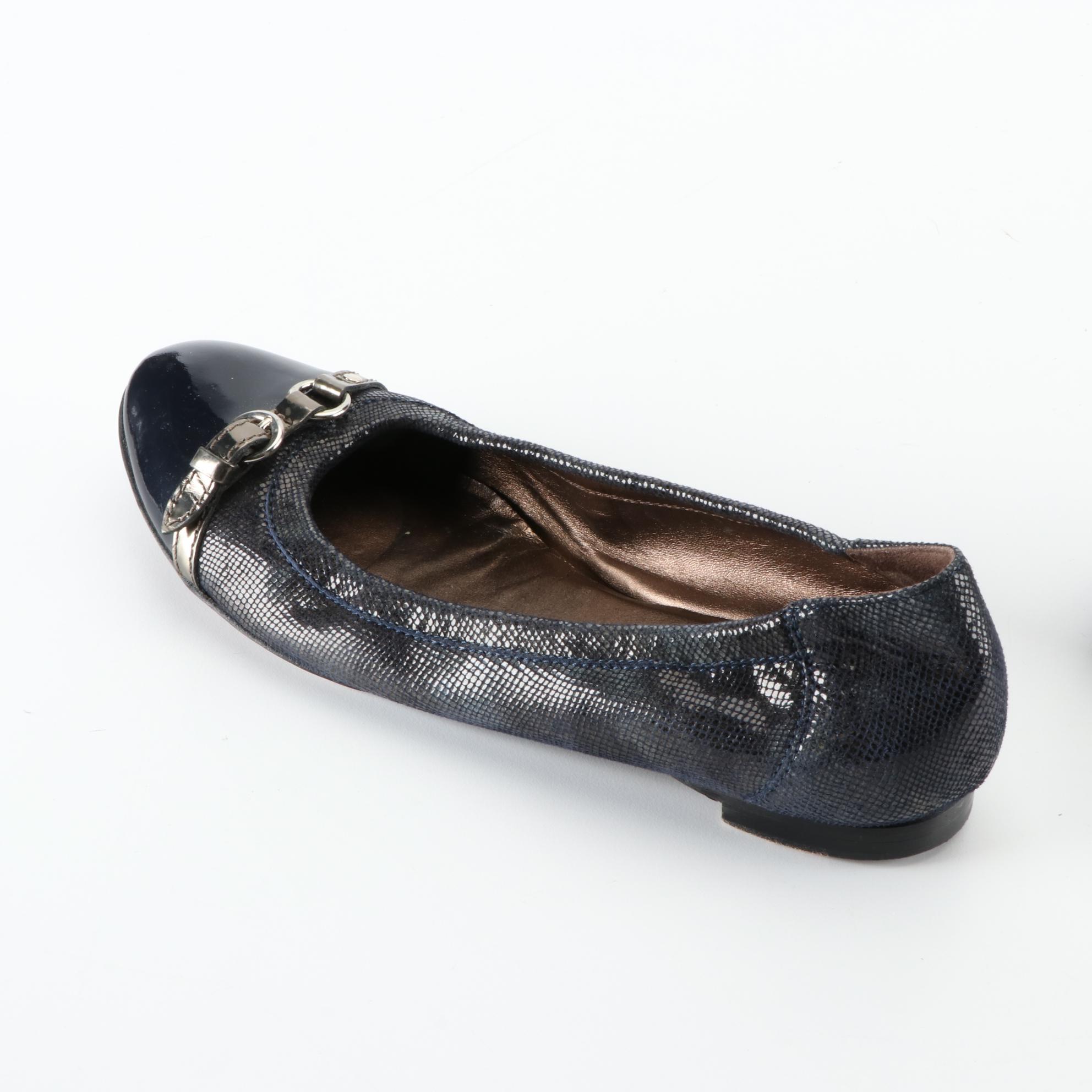 AGL Cap Toe Ballet Flats in Navy Suede and Patent Leather