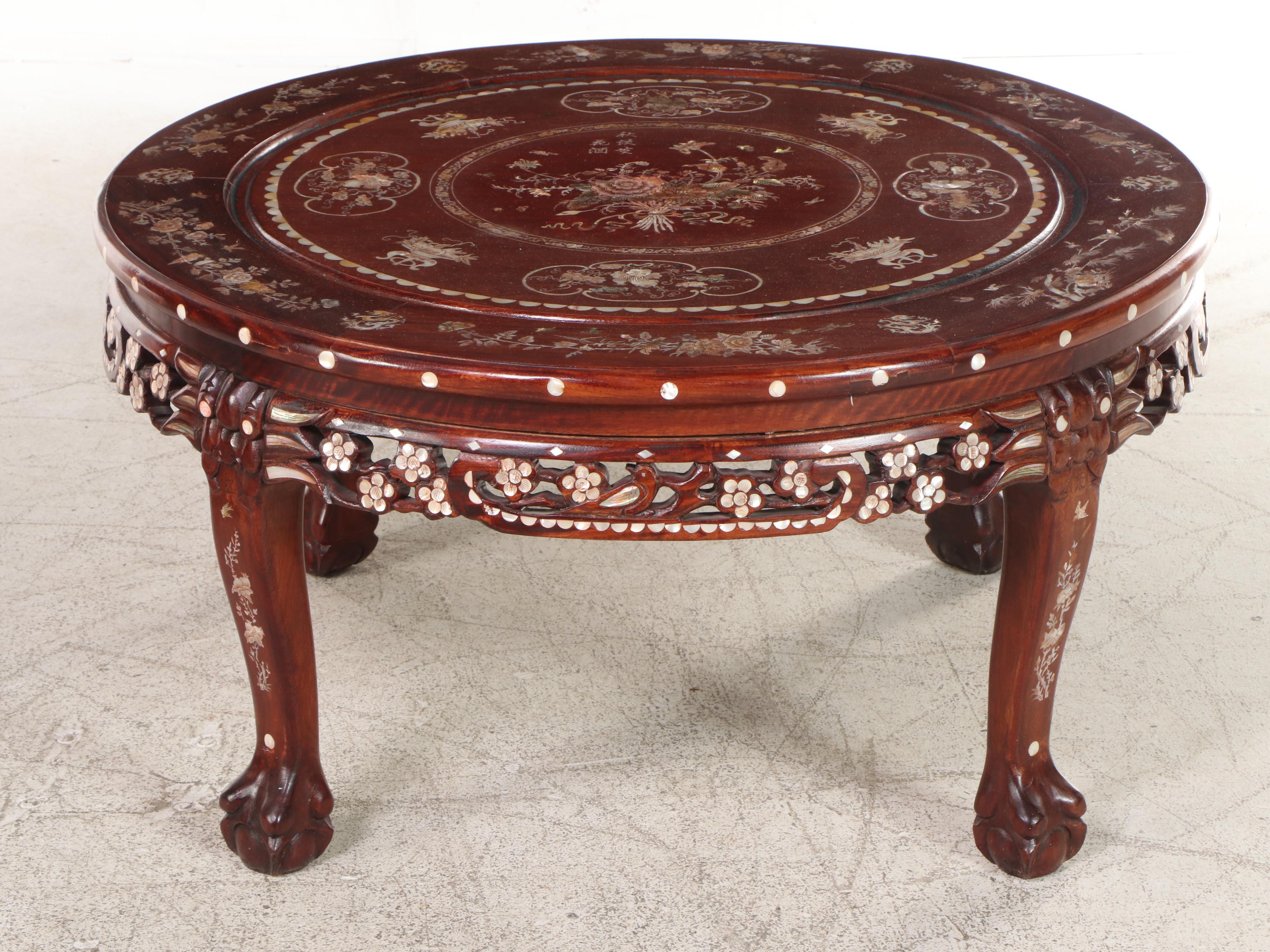 Chinese Mother-of-Pearl Inlaid Wood Low Table with Nested Stools