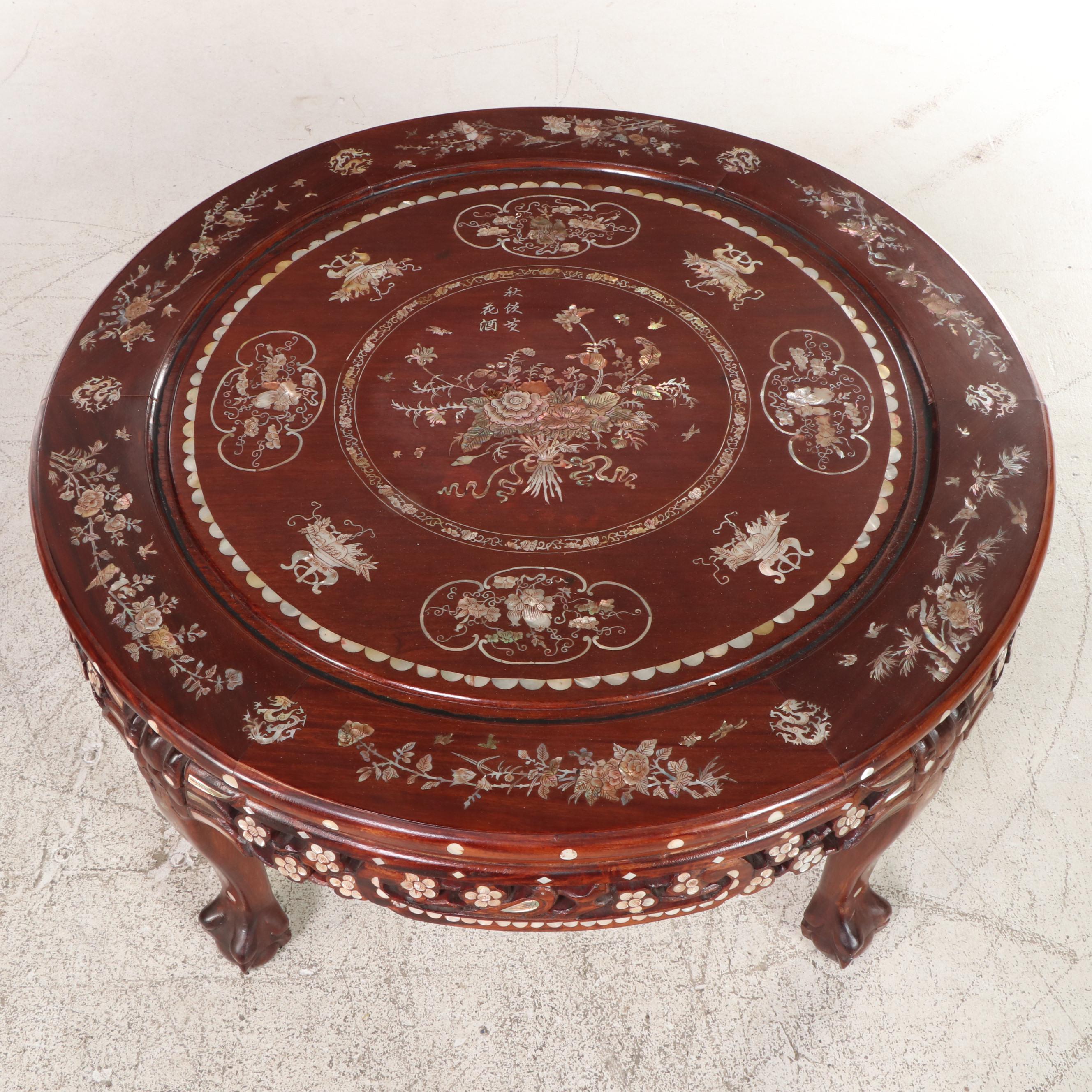 Chinese Mother-of-Pearl Inlaid Wood Low Table with Nested Stools