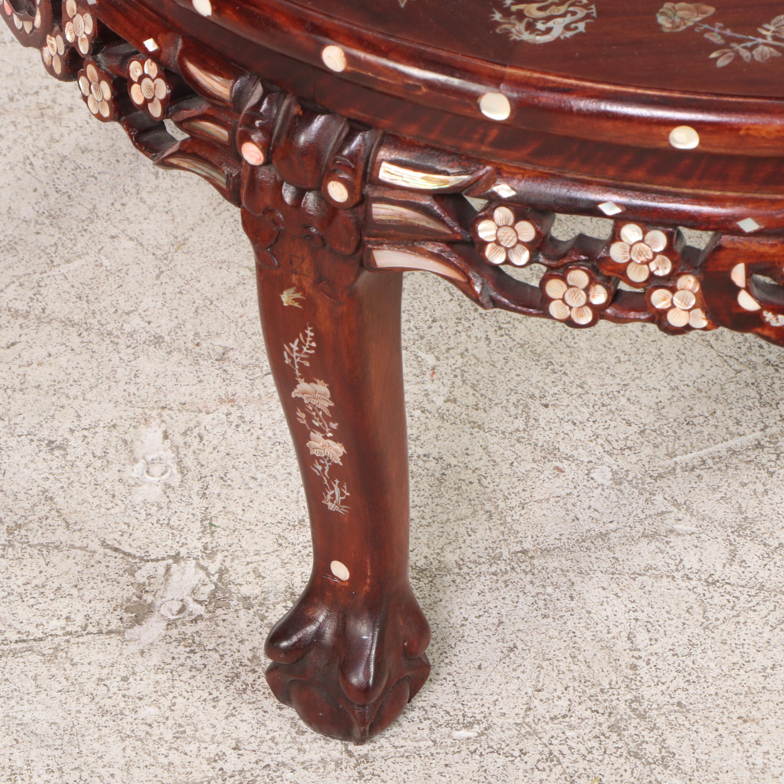 Chinese Mother-of-Pearl Inlaid Wood Low Table with Nested Stools