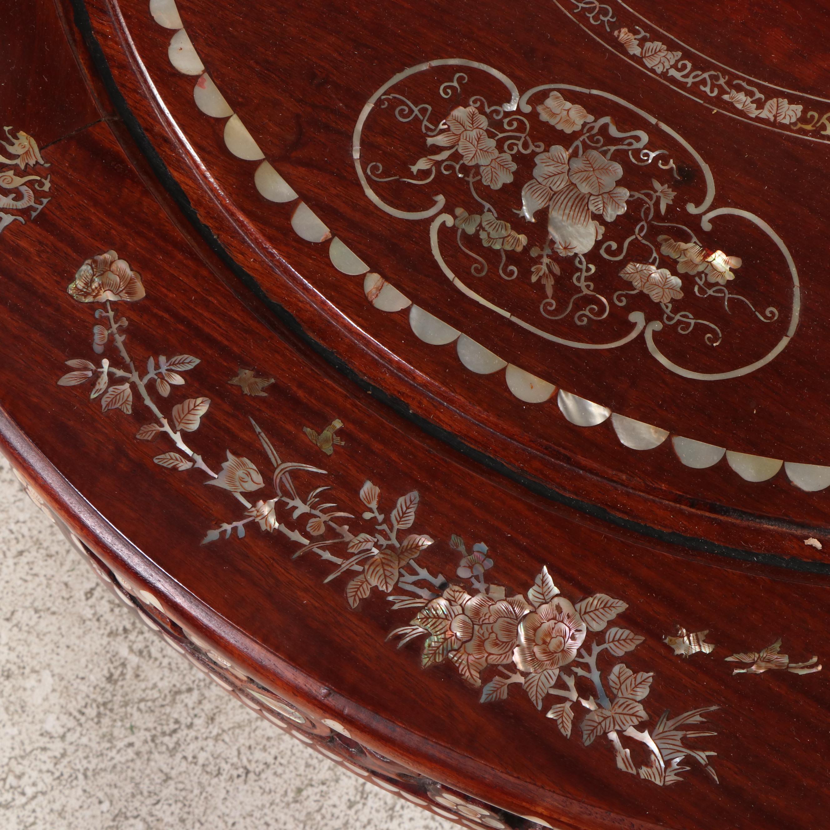 Chinese Mother-of-Pearl Inlaid Wood Low Table with Nested Stools