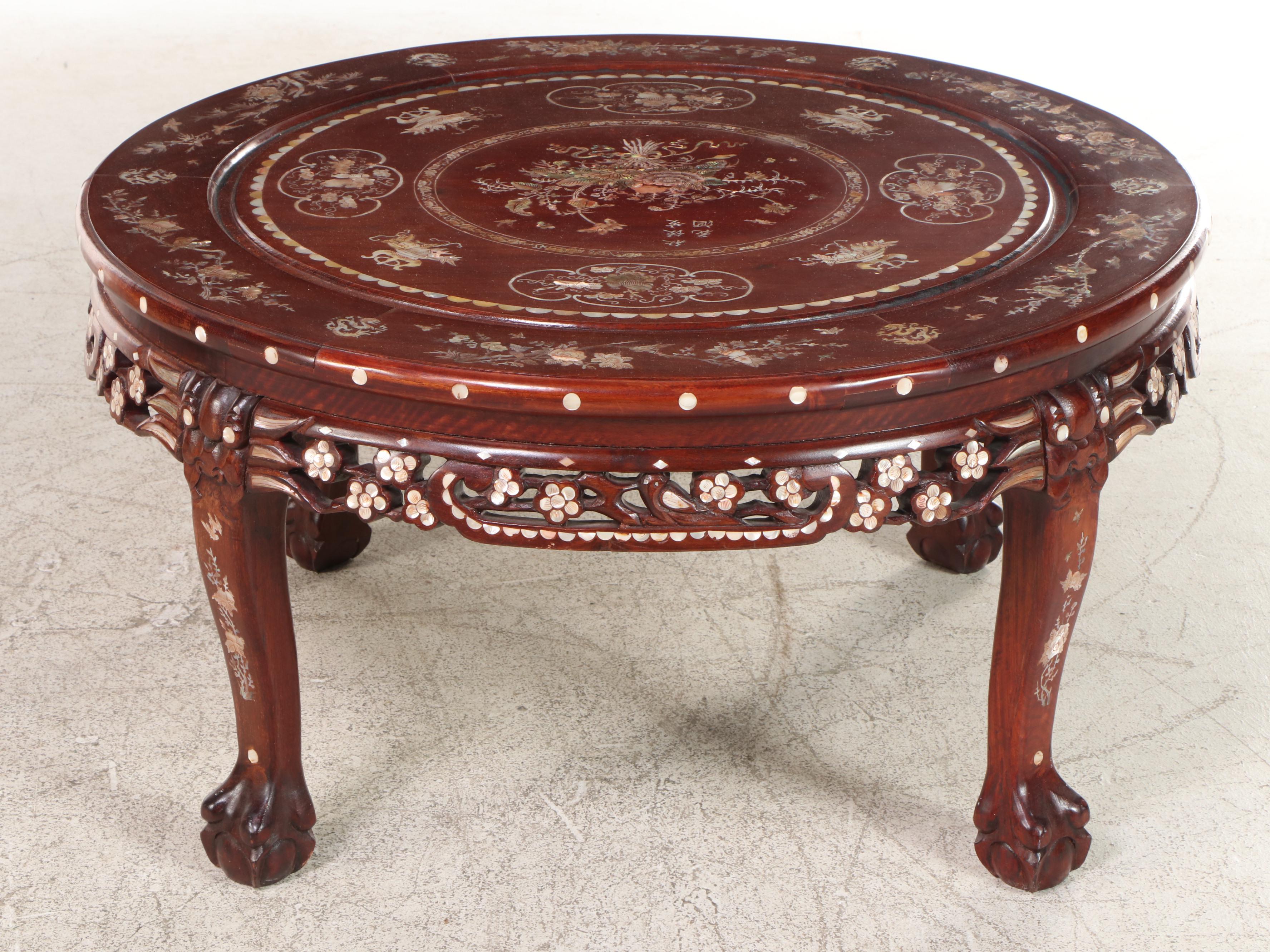 Chinese Mother-of-Pearl Inlaid Wood Low Table with Nested Stools