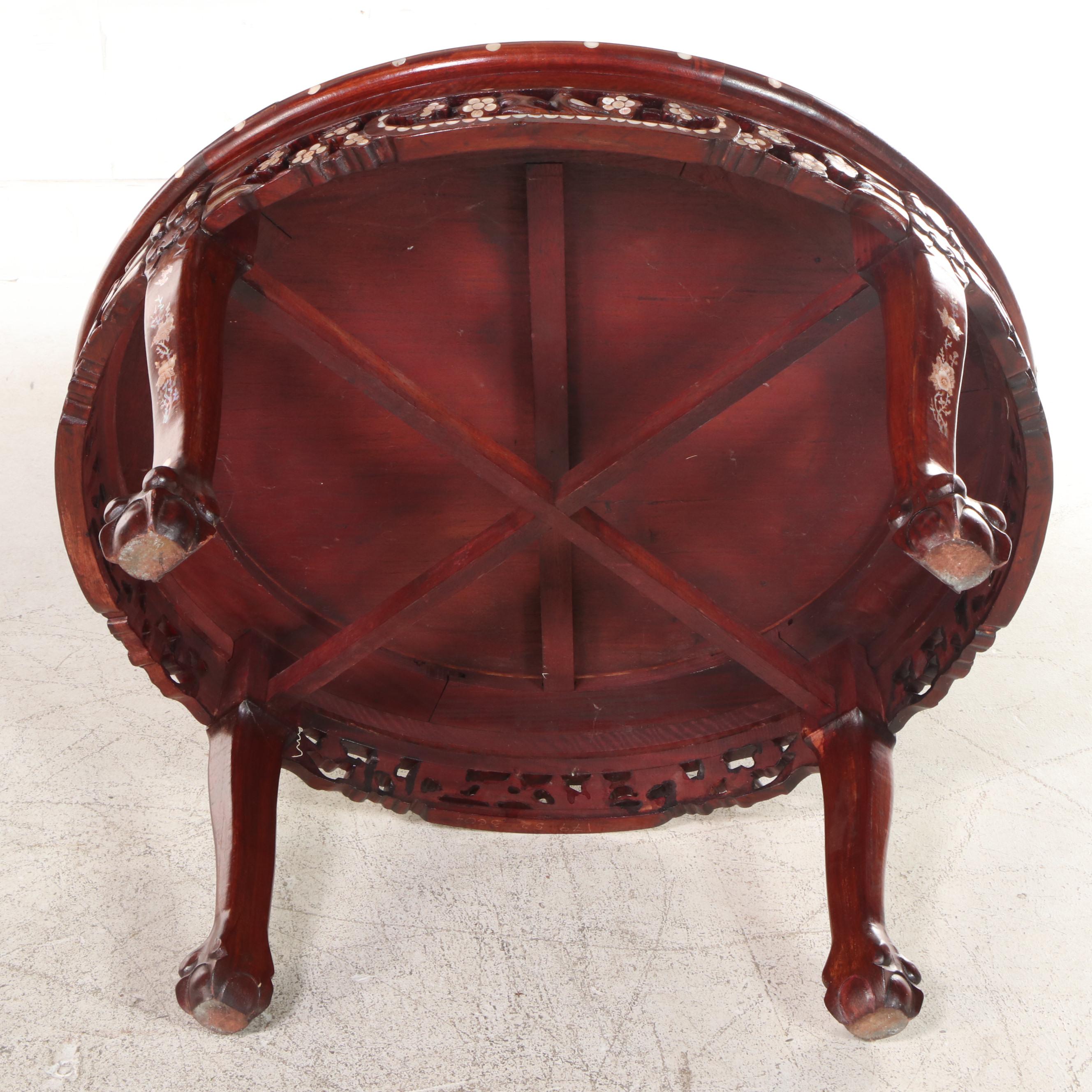 Chinese Mother-of-Pearl Inlaid Wood Low Table with Nested Stools