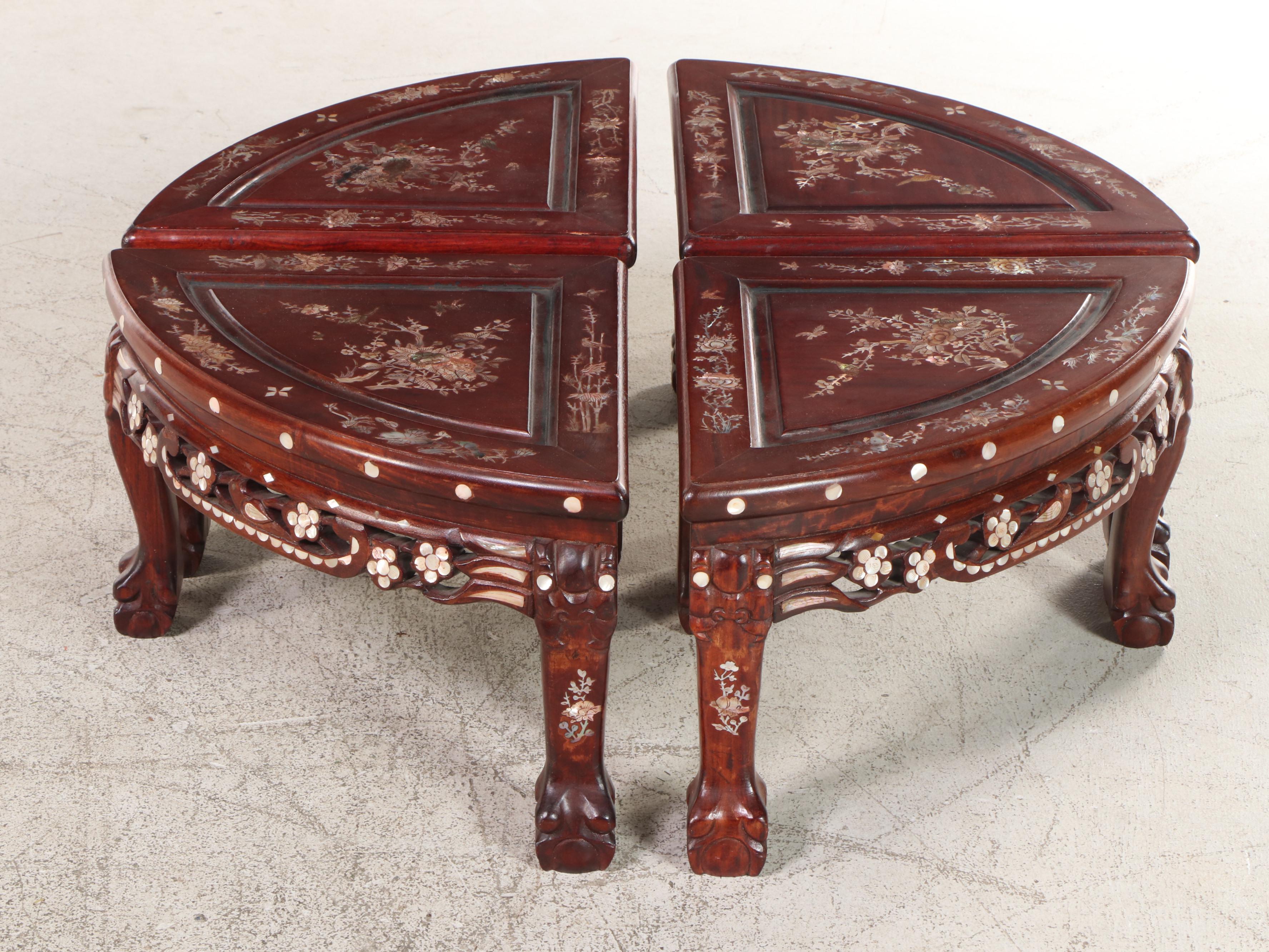 Chinese Mother-of-Pearl Inlaid Wood Low Table with Nested Stools