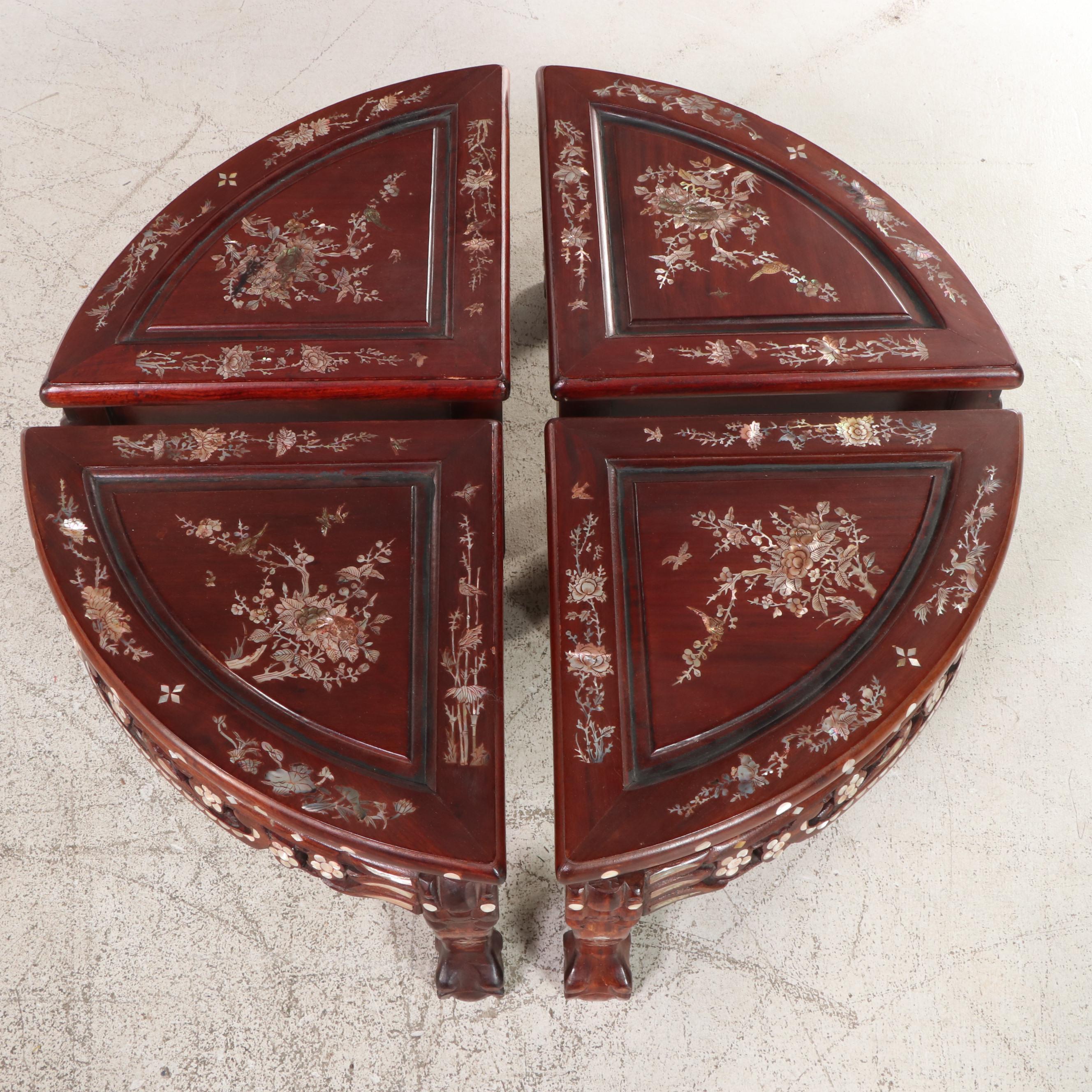 Chinese Mother-of-Pearl Inlaid Wood Low Table with Nested Stools