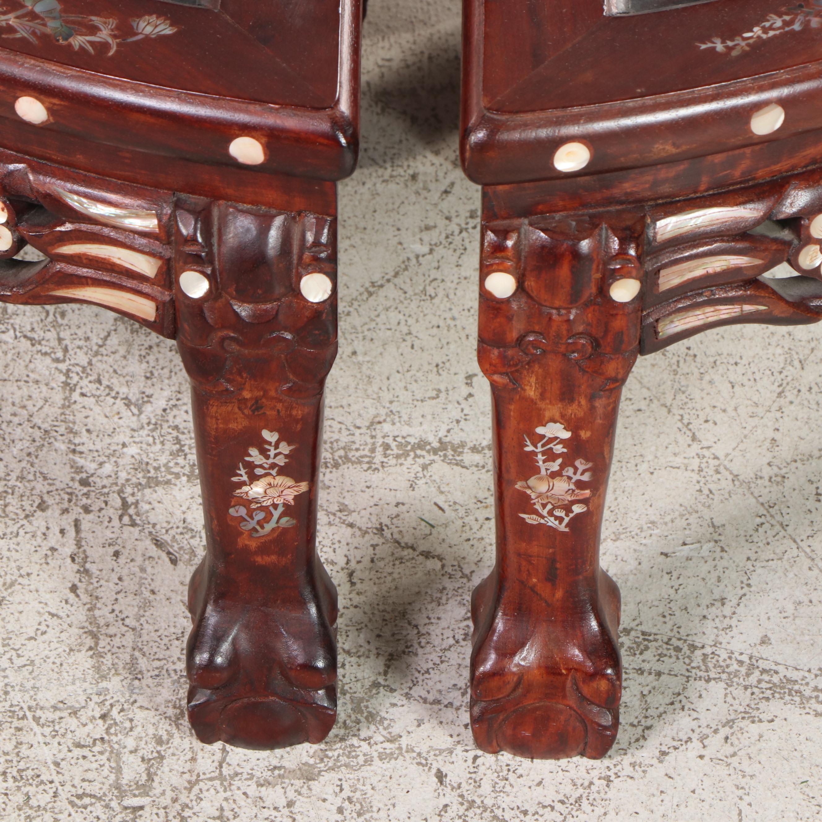 Chinese Mother-of-Pearl Inlaid Wood Low Table with Nested Stools