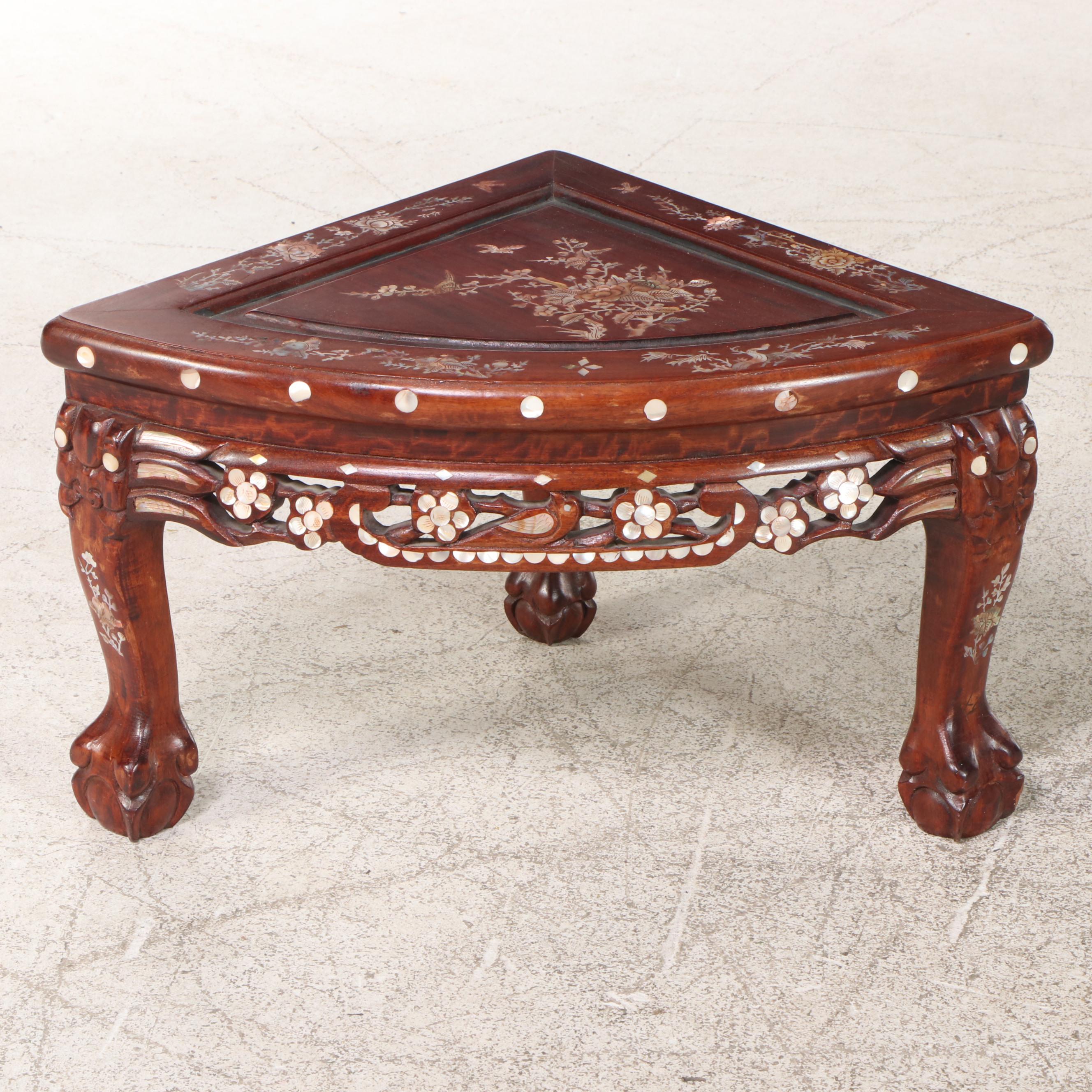 Chinese Mother-of-Pearl Inlaid Wood Low Table with Nested Stools