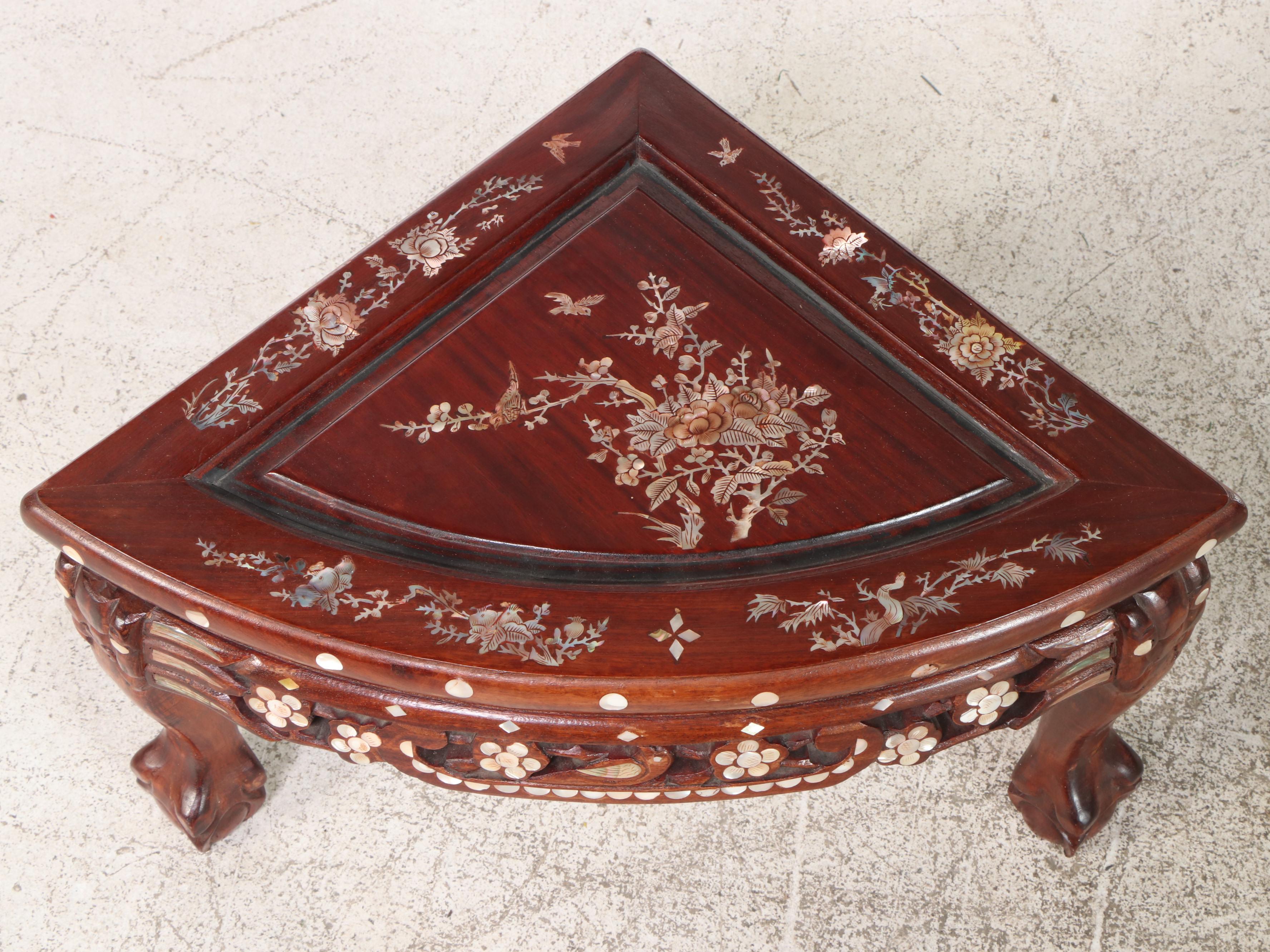 Chinese Mother-of-Pearl Inlaid Wood Low Table with Nested Stools