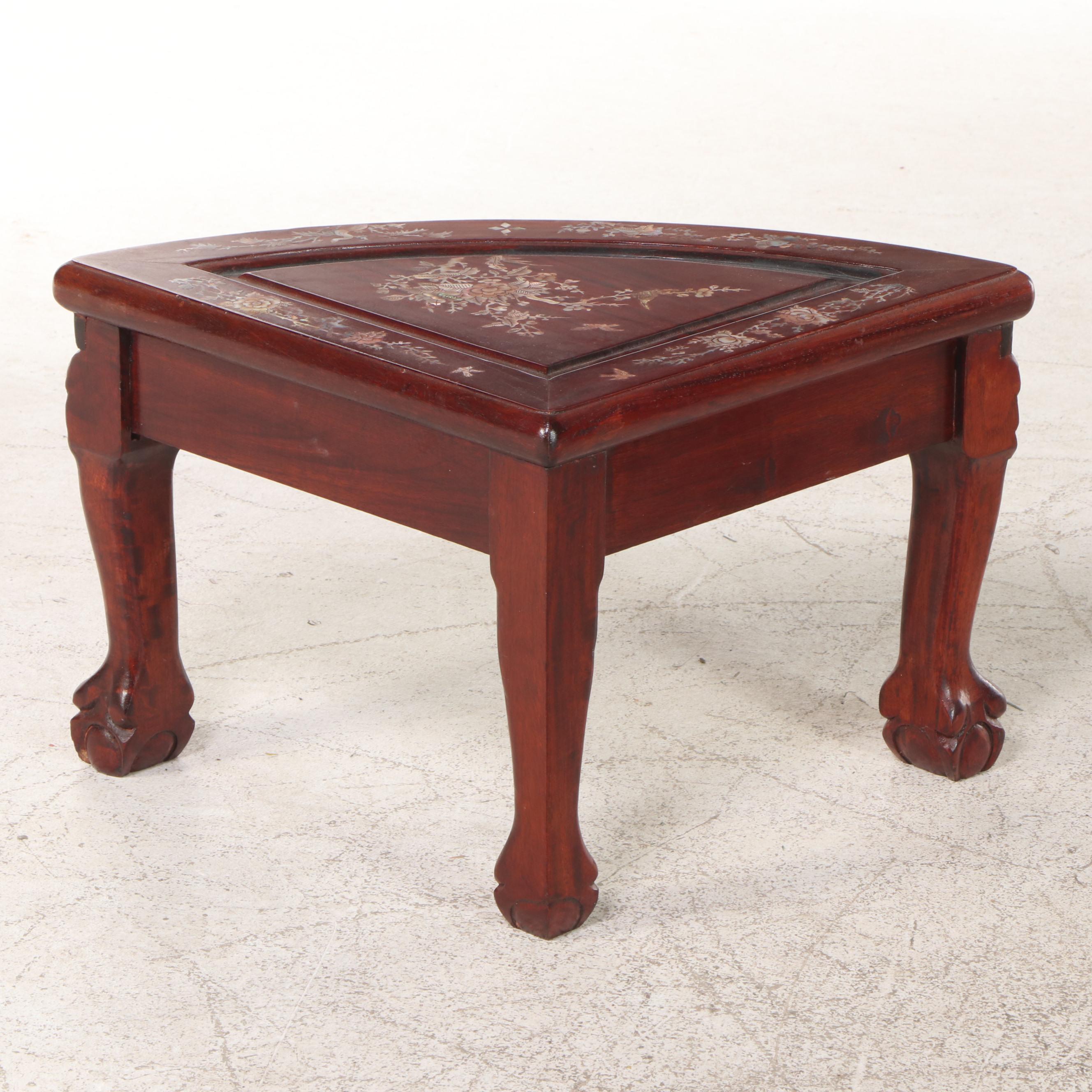 Chinese Mother-of-Pearl Inlaid Wood Low Table with Nested Stools