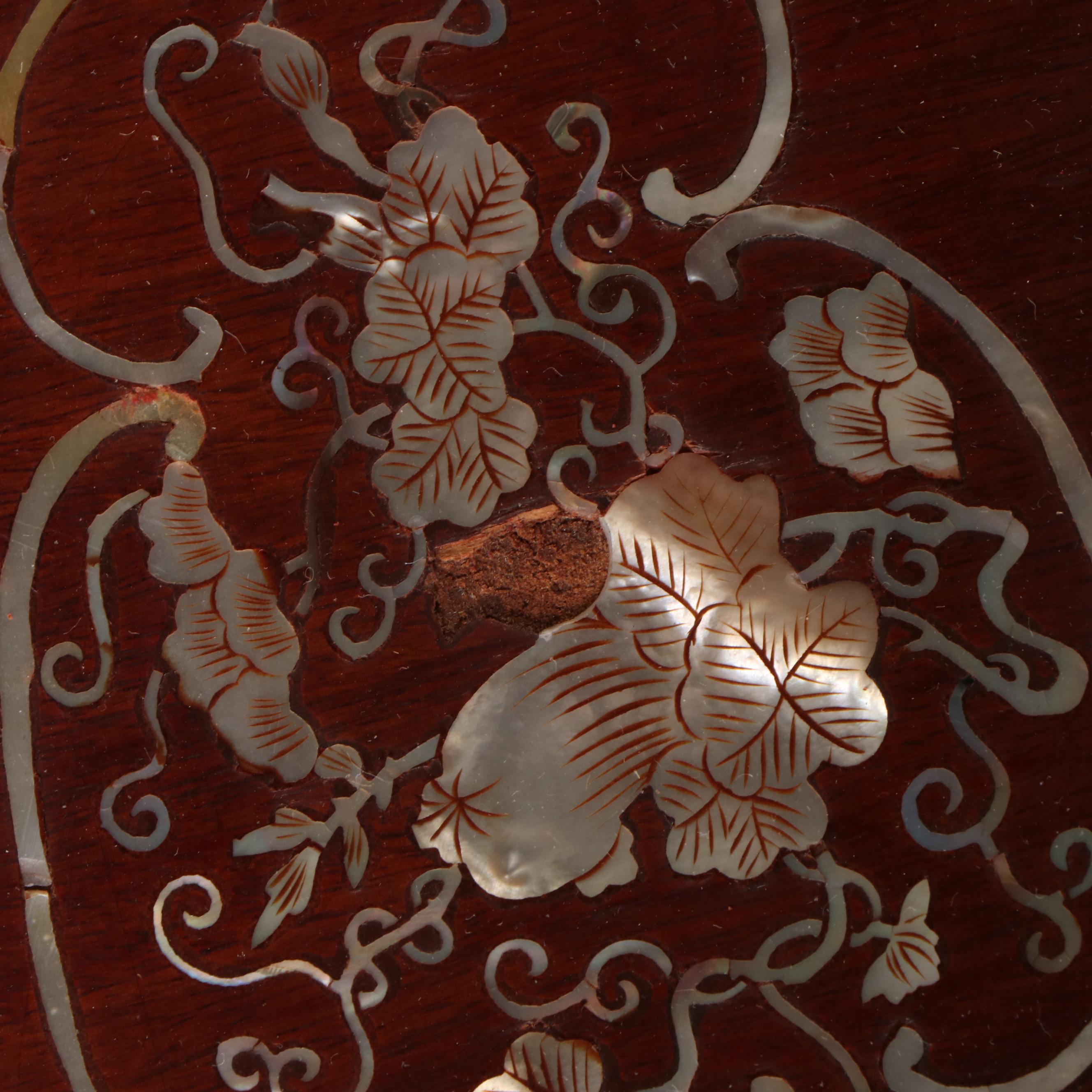 Chinese Mother-of-Pearl Inlaid Wood Low Table with Nested Stools