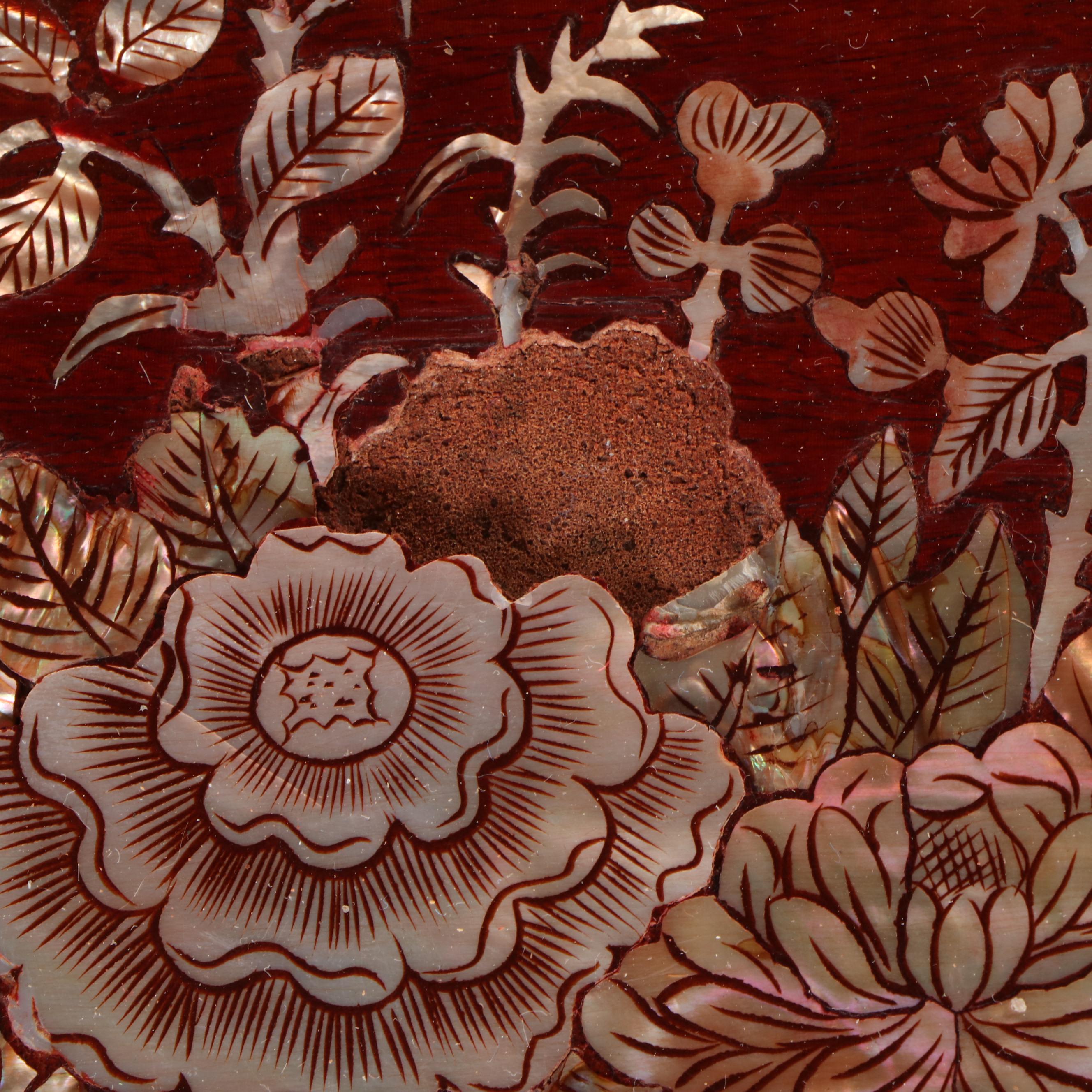 Chinese Mother-of-Pearl Inlaid Wood Low Table with Nested Stools