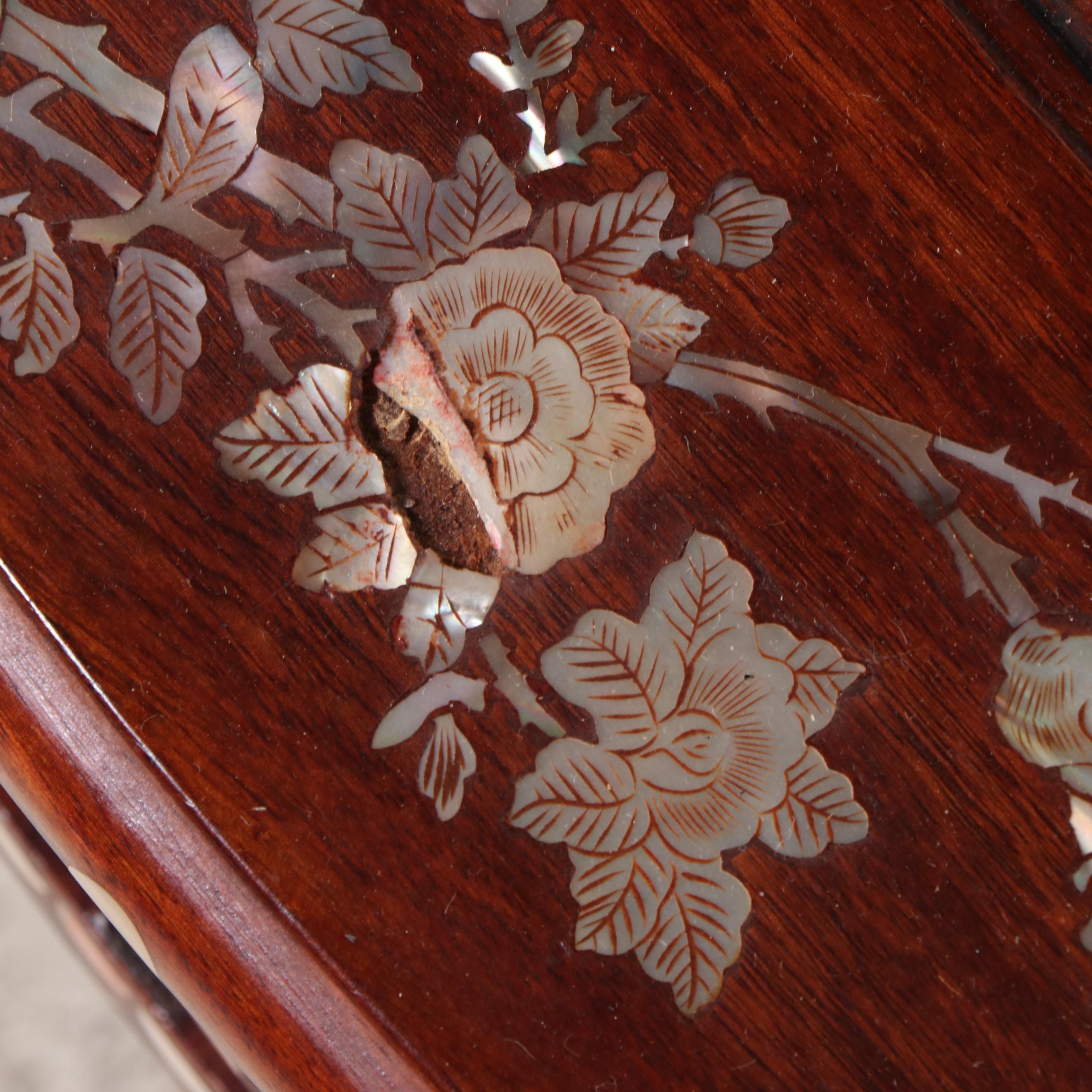 Chinese Mother-of-Pearl Inlaid Wood Low Table with Nested Stools