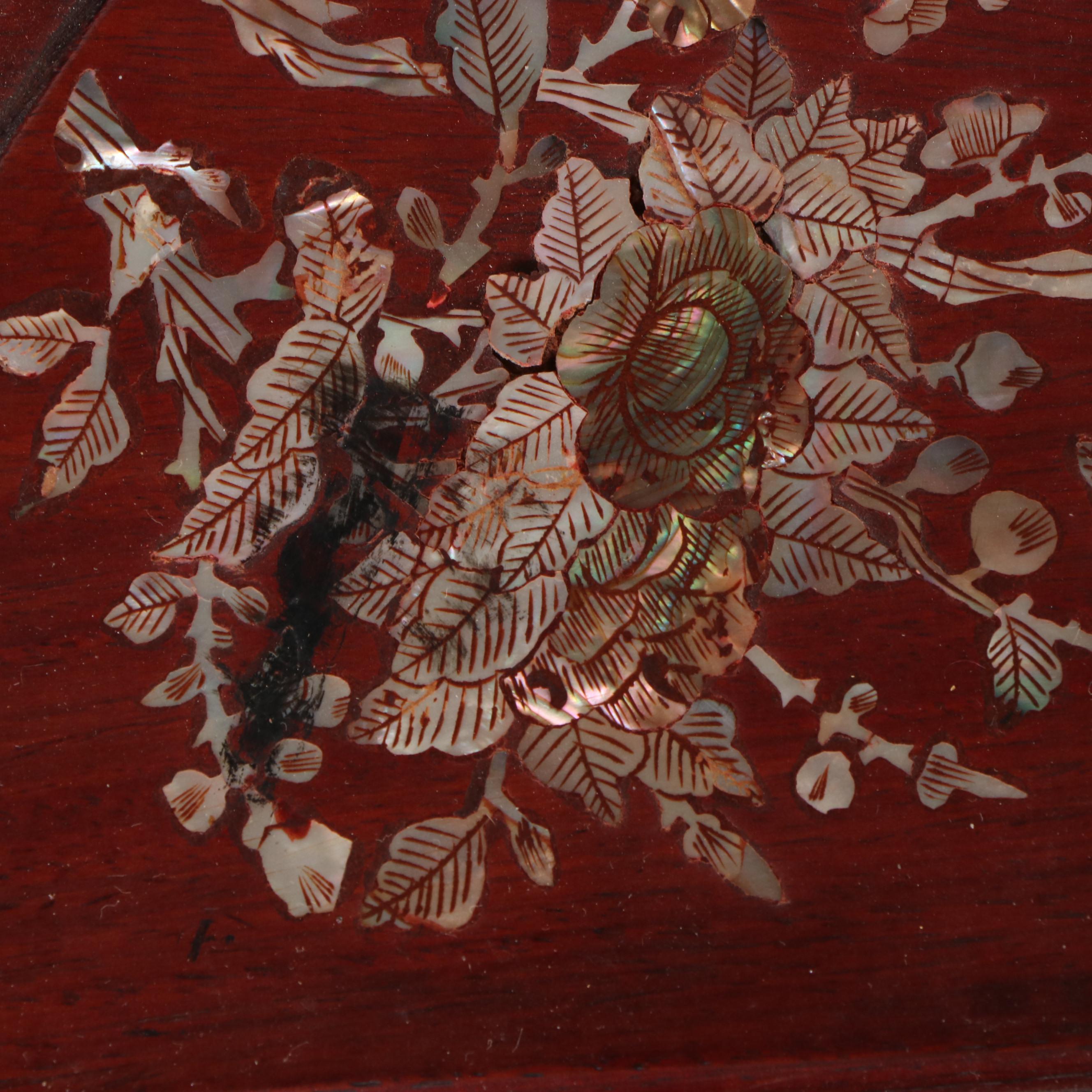 Chinese Mother-of-Pearl Inlaid Wood Low Table with Nested Stools