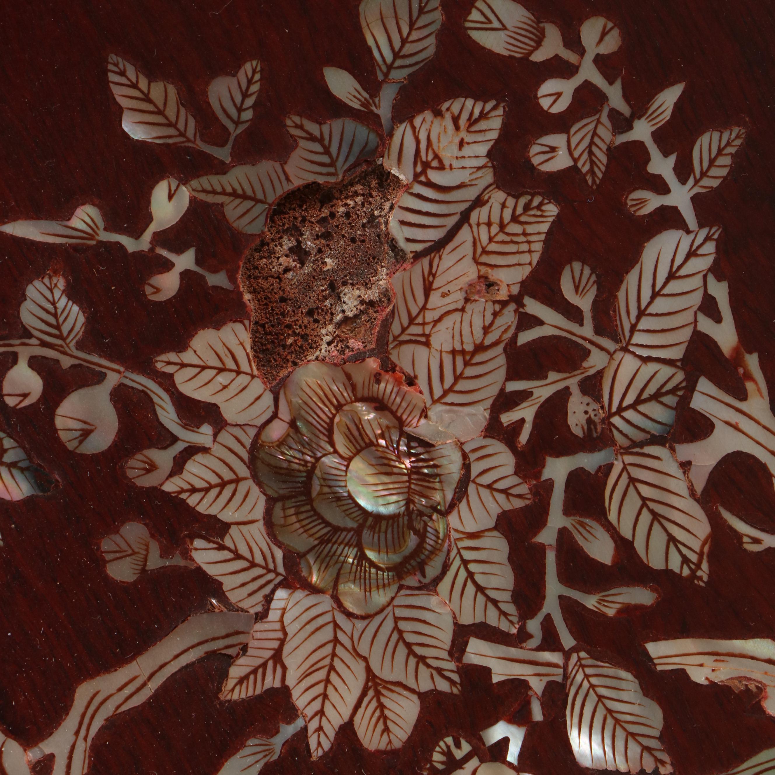 Chinese Mother-of-Pearl Inlaid Wood Low Table with Nested Stools