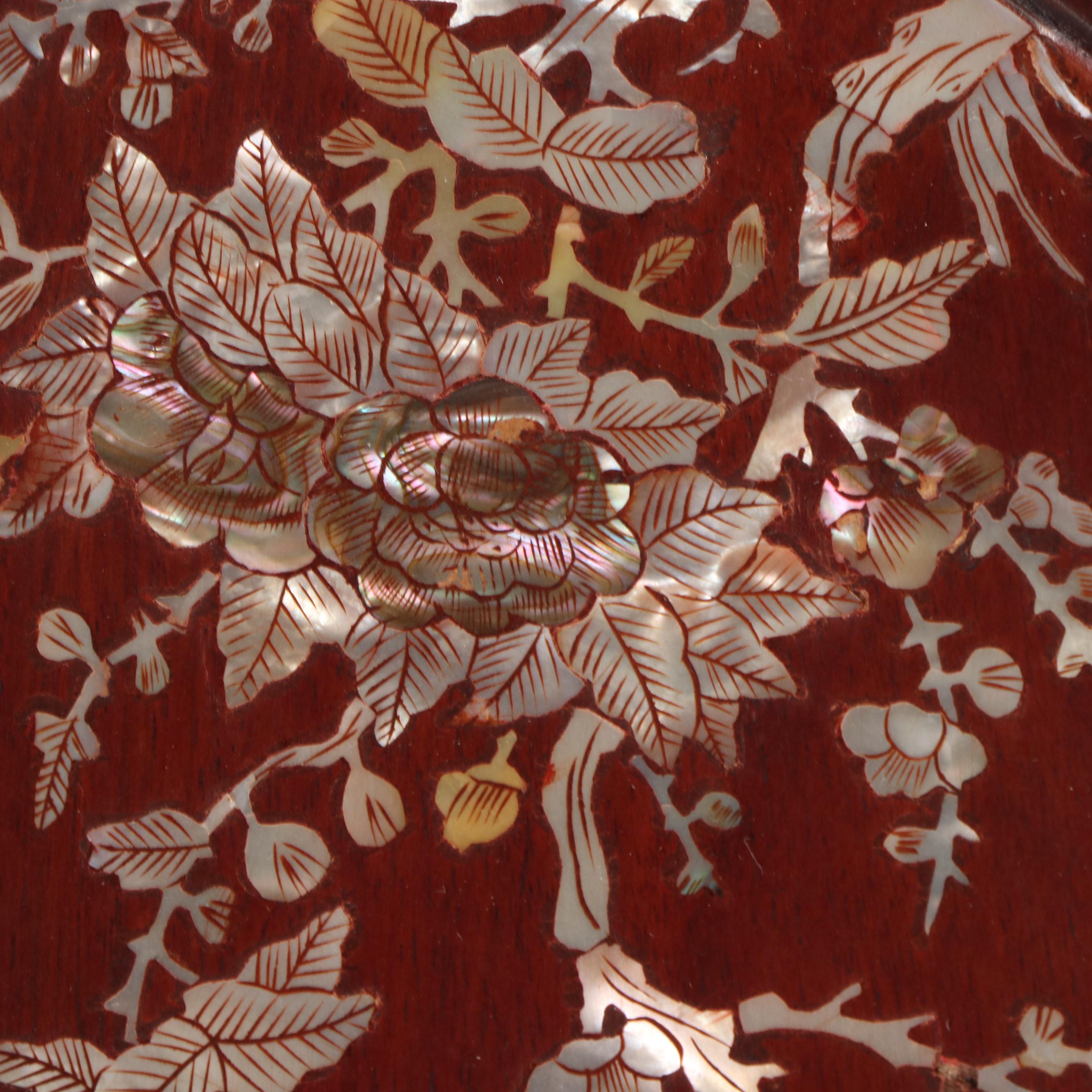 Chinese Mother-of-Pearl Inlaid Wood Low Table with Nested Stools