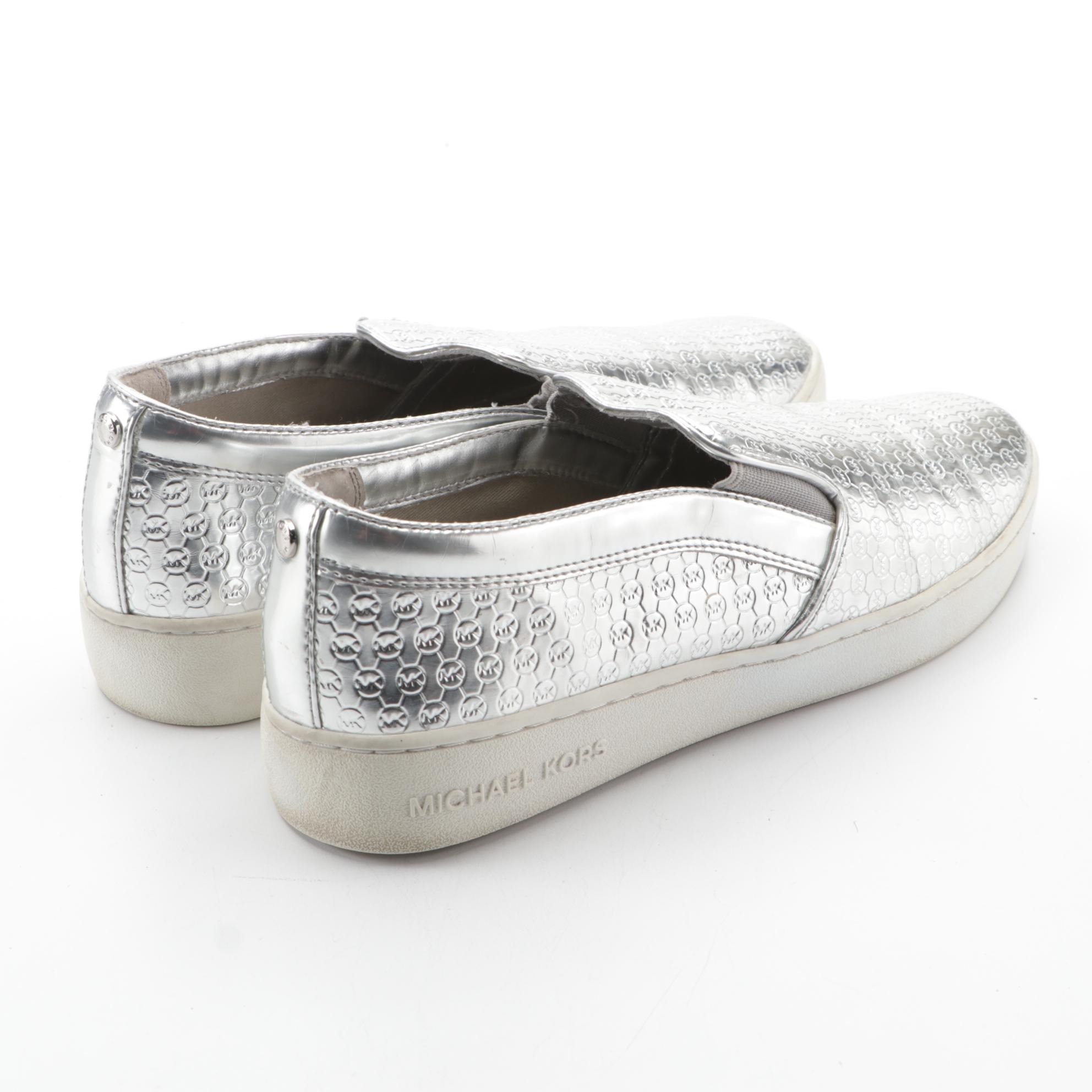 Michael Kors Silver Metallic Faux Patent Leather Slip-On Sneakers