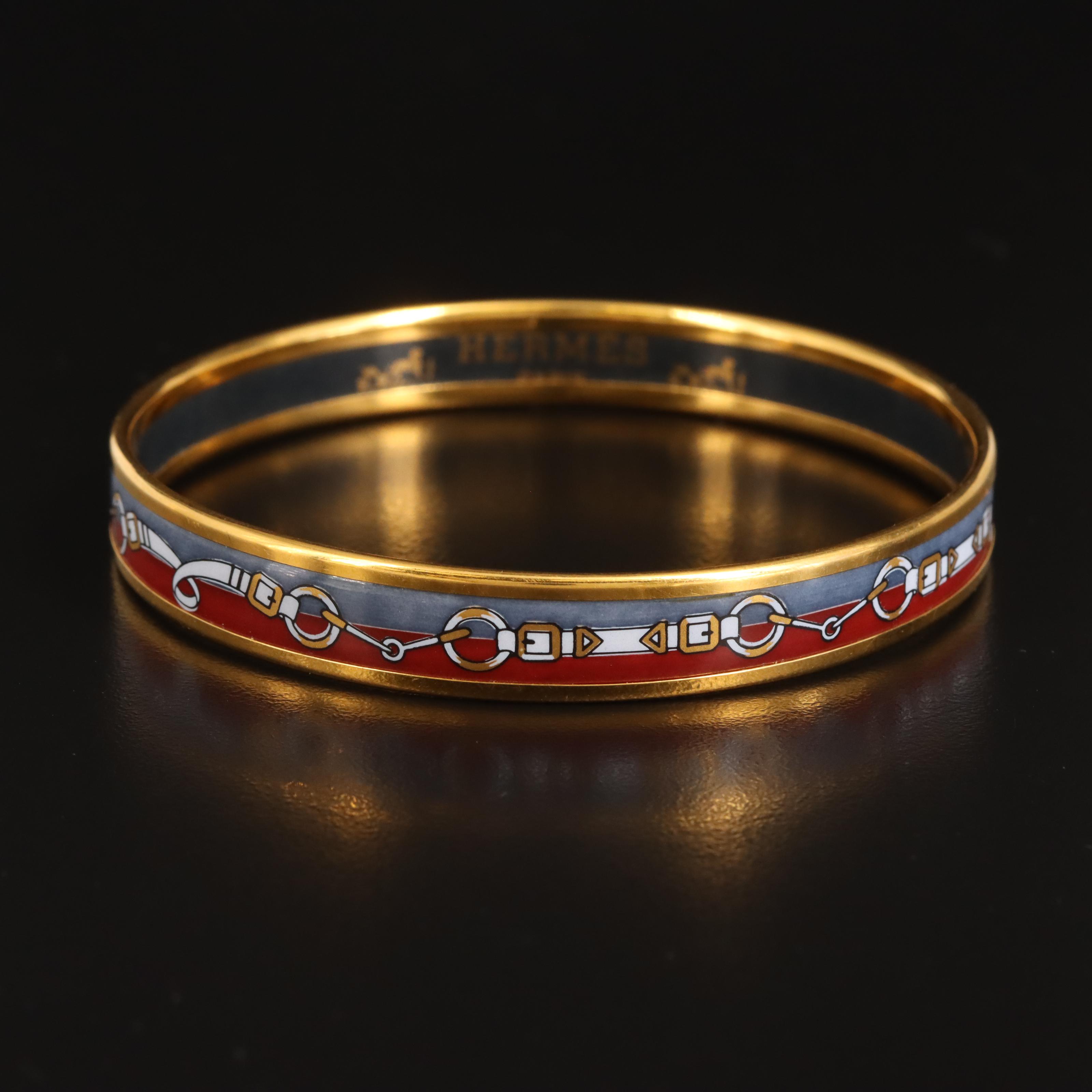 Hermès Horsebit Red and Gray Enamel Narrow Bangle