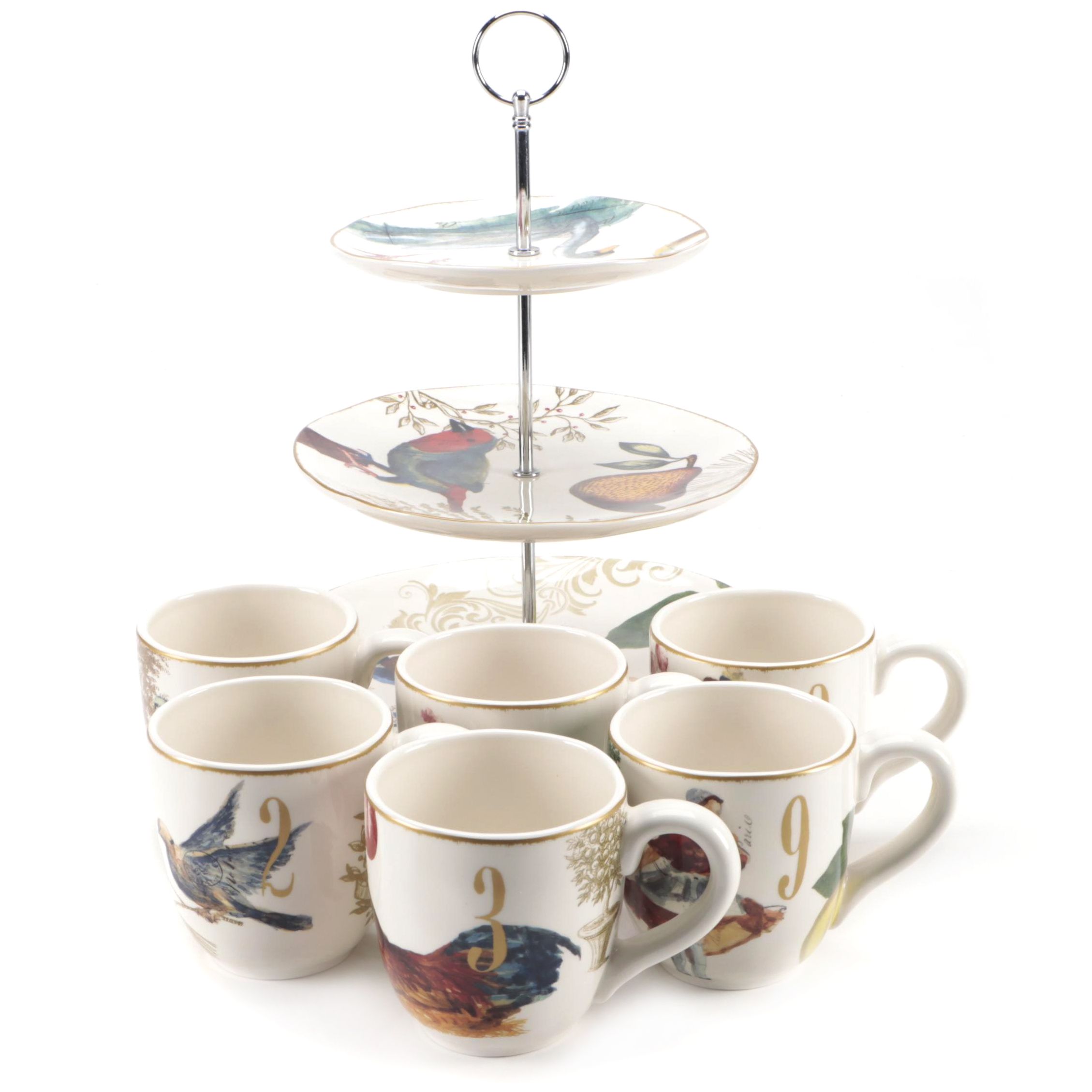 Williams-Sonoma "12 Days of Christmas" Three Tiered Server and Mugs