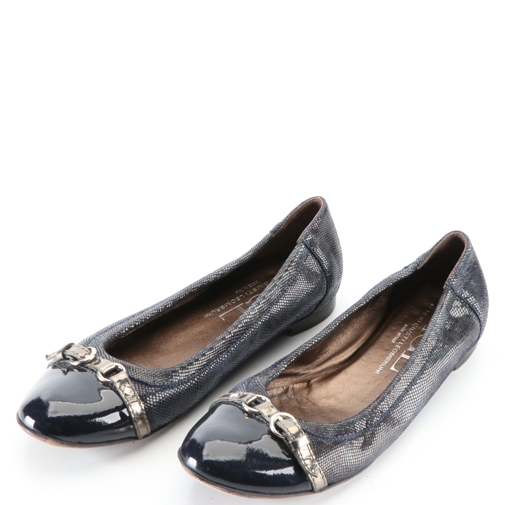 AGL Cap Toe Ballet Flats in Navy Suede and Patent Leather