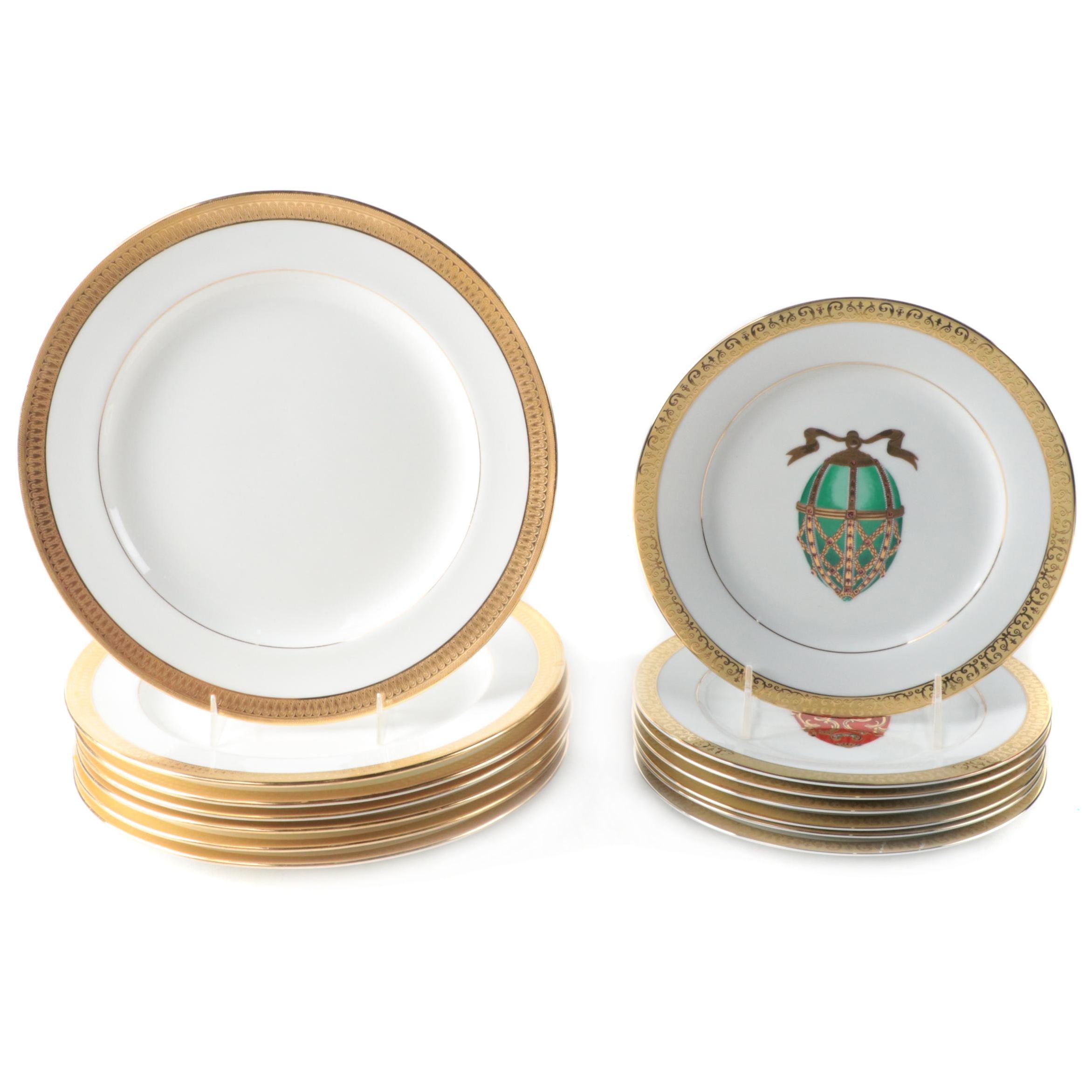 Minton Gilt Rimmed Bone China Dinner Plates with Other Egg Motif Salad Plates