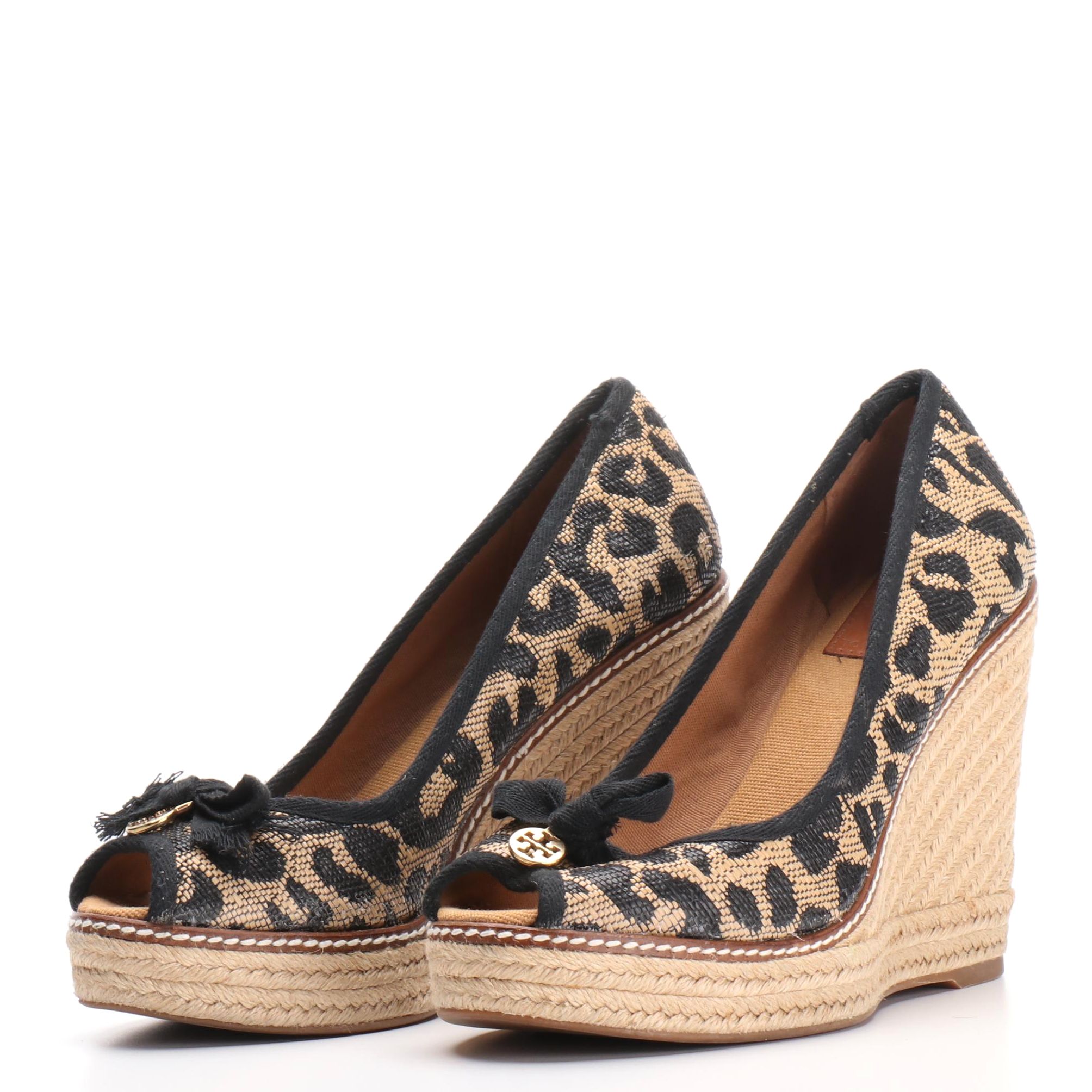 Tory Burch Peep-Toe Espadrille Platform Wedges with Leopard Print Woven Raffia