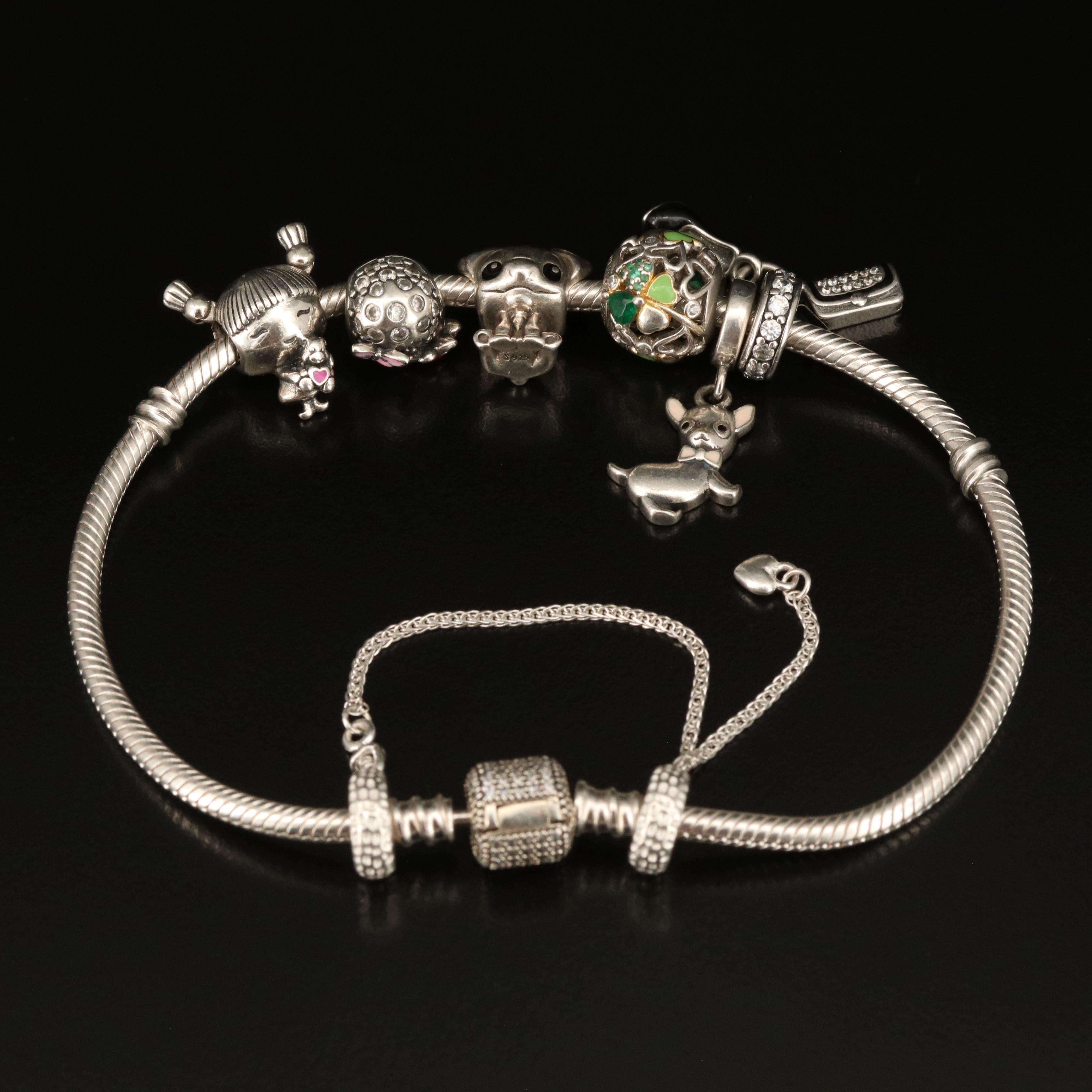 Pandora Sterling Charm Bracelet with Pavé Clasp and Charms