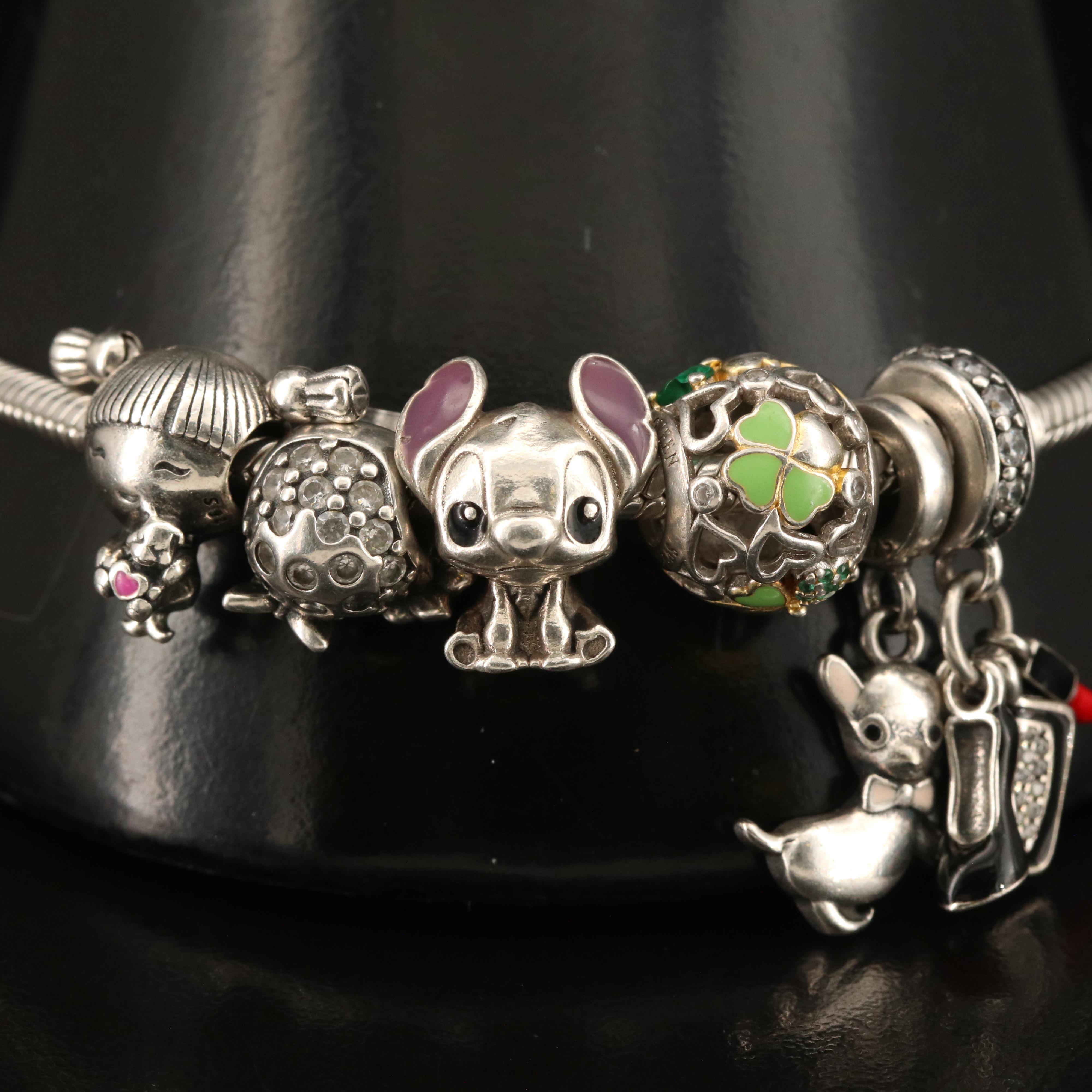 Pandora Sterling Charm Bracelet with Pavé Clasp and Charms