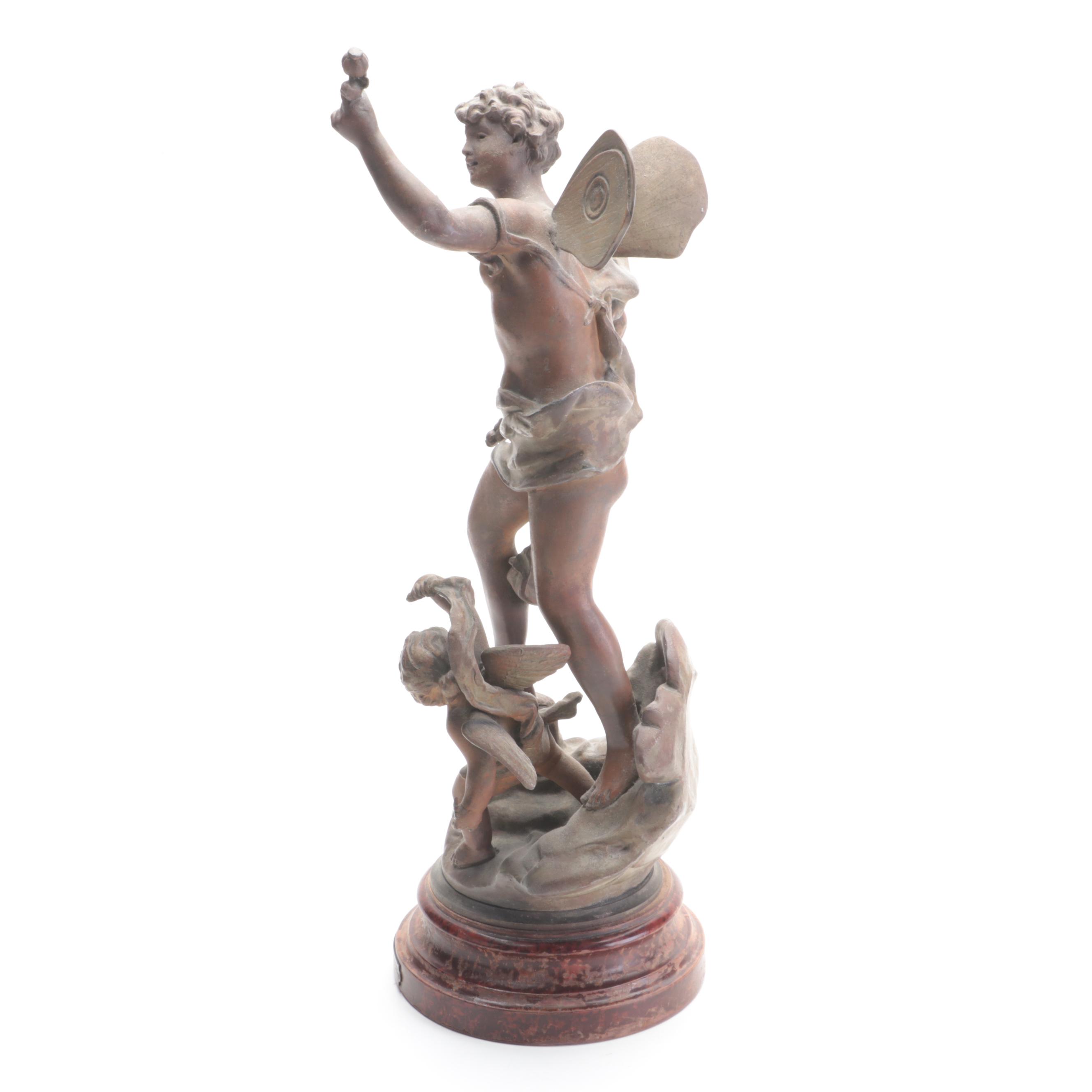 Classical Style Cast Metal Sculpture of Cupid with Cherub