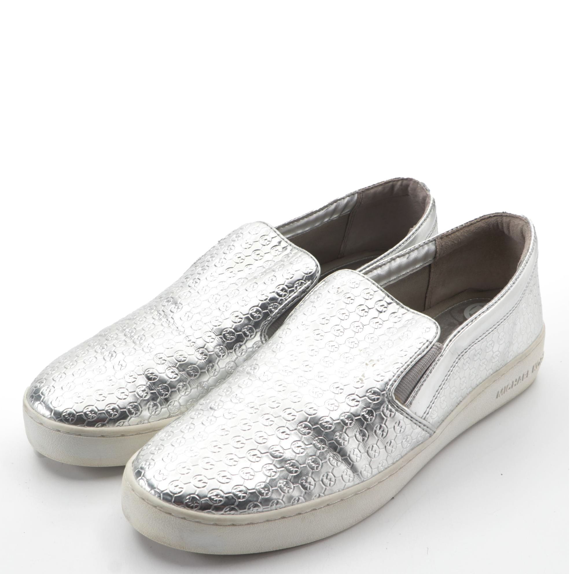 Michael Kors Silver Metallic Faux Patent Leather Slip-On Sneakers