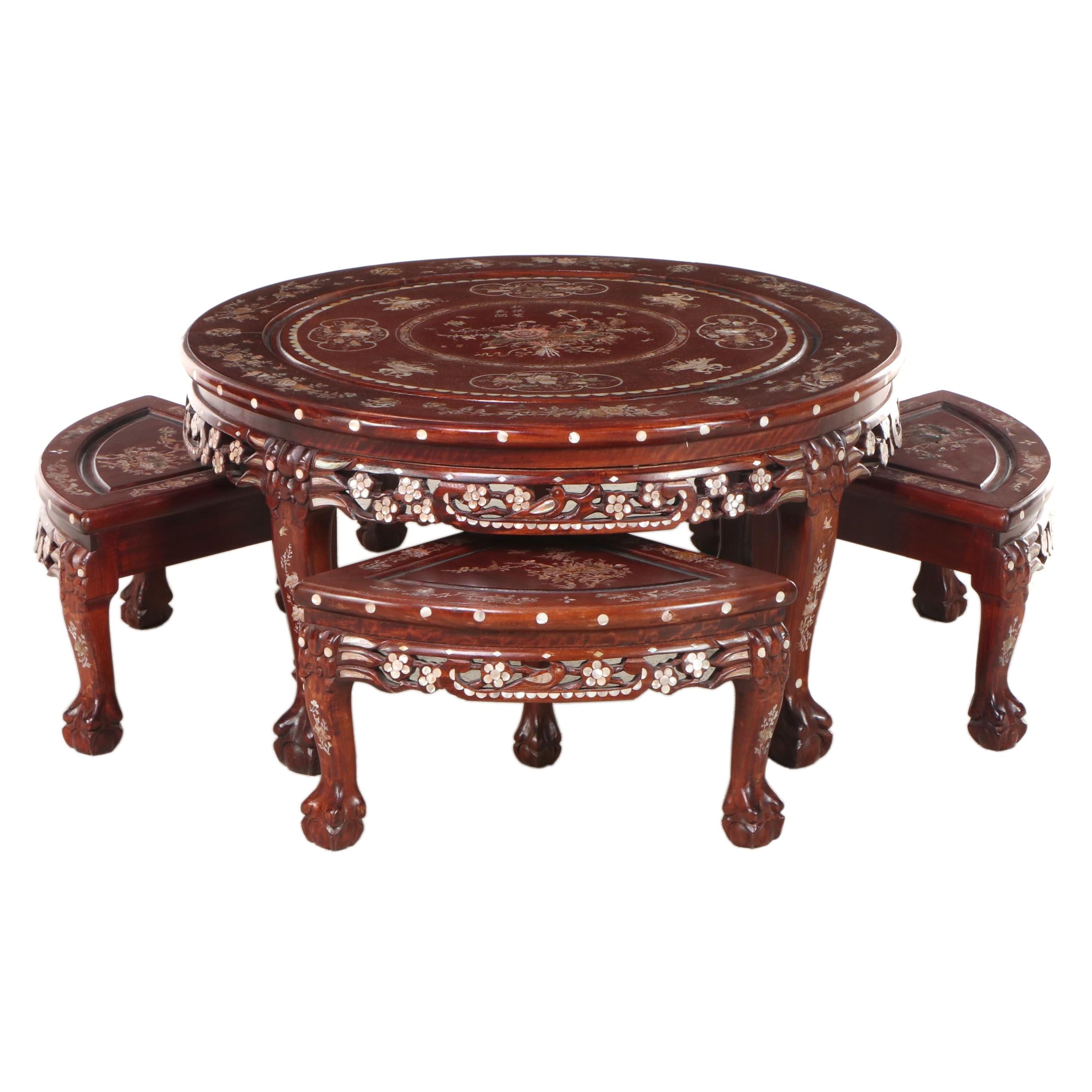 Chinese Mother-of-Pearl Inlaid Wood Low Table with Nested Stools