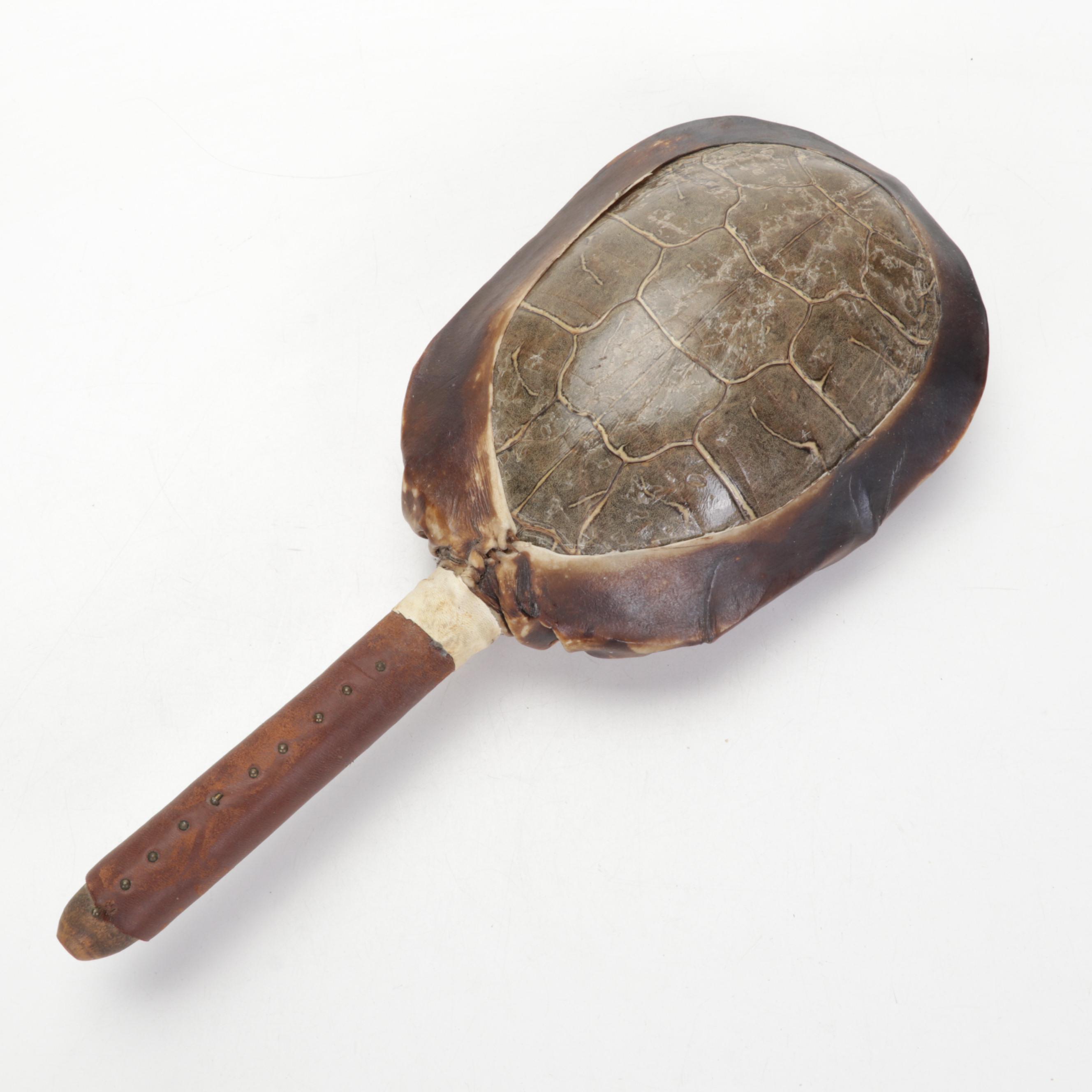 Common Snapping Turtle Shell Rattle and Knapped Stone Knife With Antler Handle